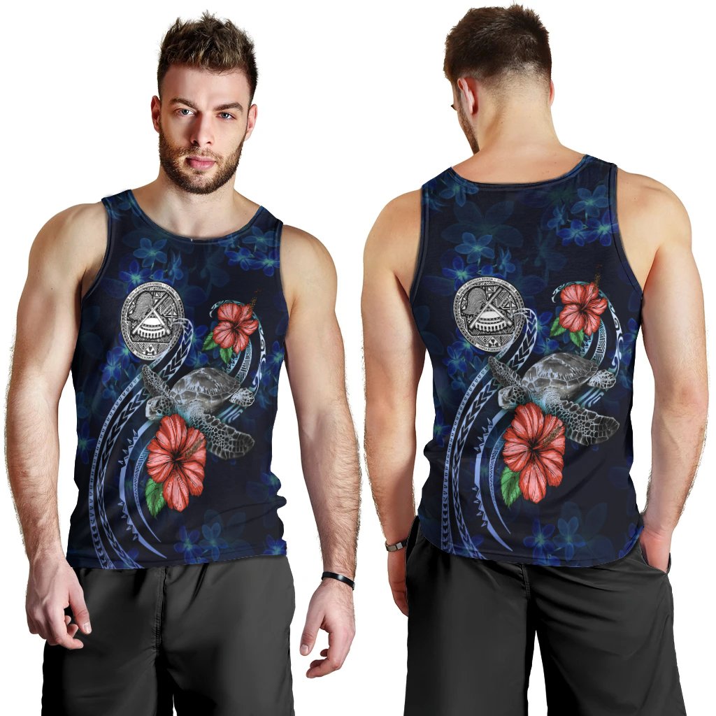 American Samoa Polynesian Men Tank Top - Blue Turtle Hibiscus Blue - Polynesian Pride