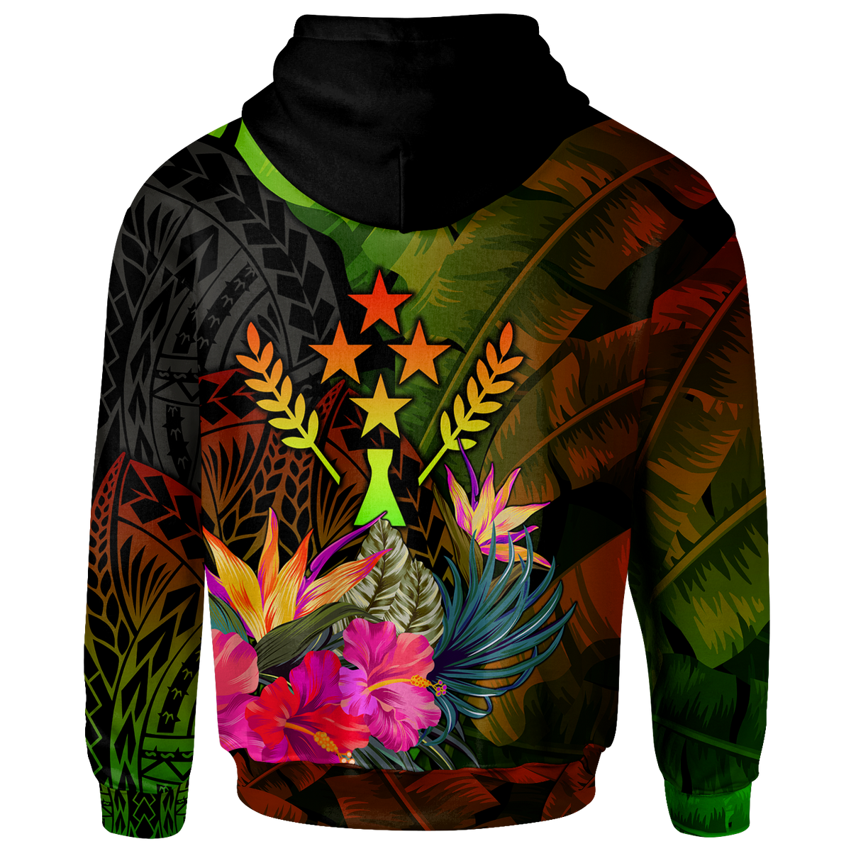 Kosrae Polynesian Hoodie Hibiscus and Banana Leaves - Polynesian Pride