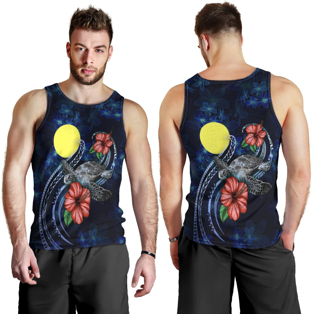 Palau Polynesian Men Tank Top - Blue Turtle Hibiscus Blue - Polynesian Pride