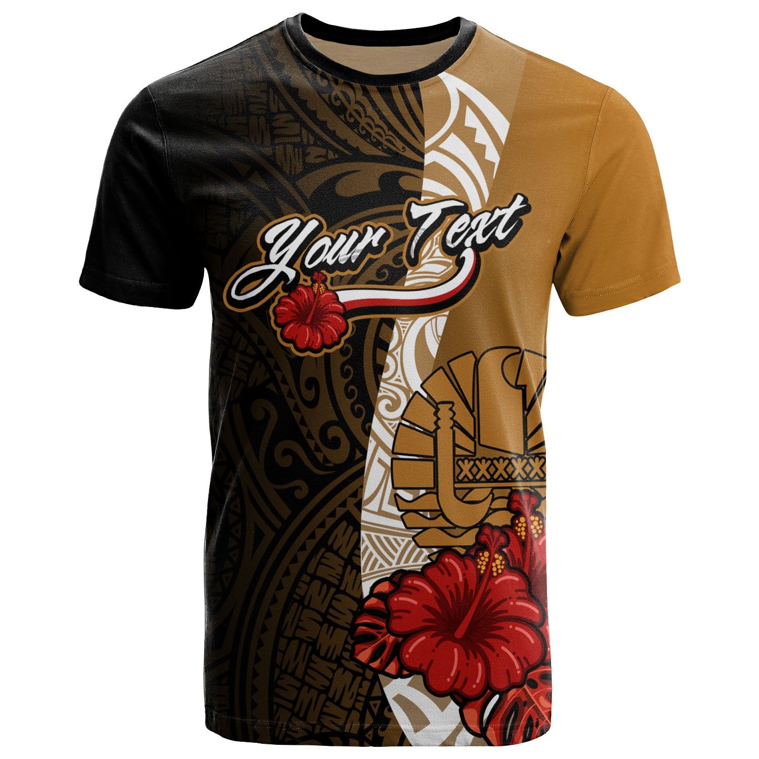 Tahiti Polynesian Custom T Shirt Coat of Arms With Hibiscus Gold Unisex Art - Polynesian Pride