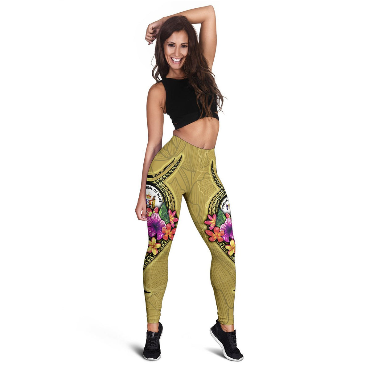 Niue Polynesian Legging - Floral With Seal Gold - Polynesian Pride