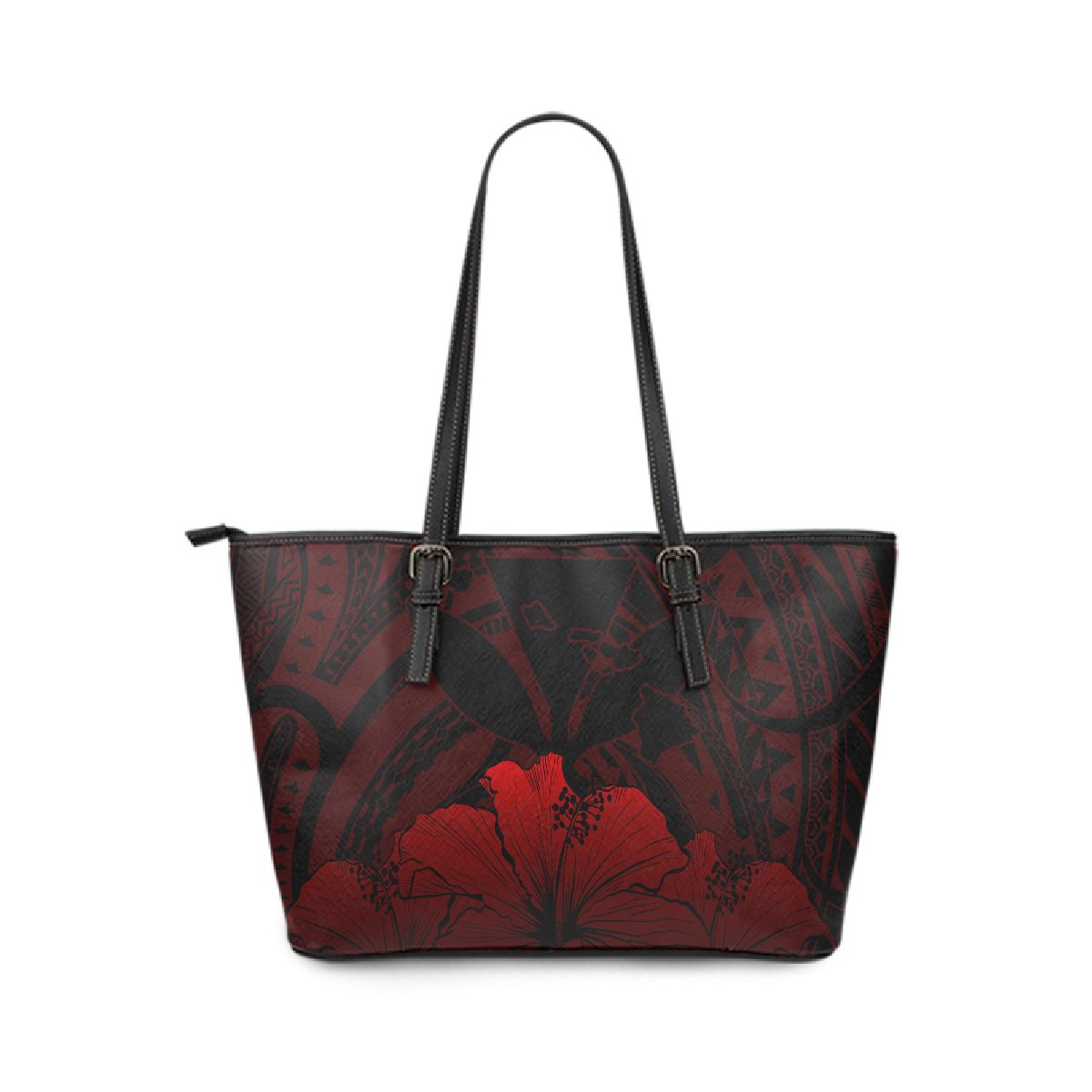 Personalised - Hawaii Royal Hibiscus Polynesian Tribal Large Leather Tote Bag Red AH Red - Polynesian Pride