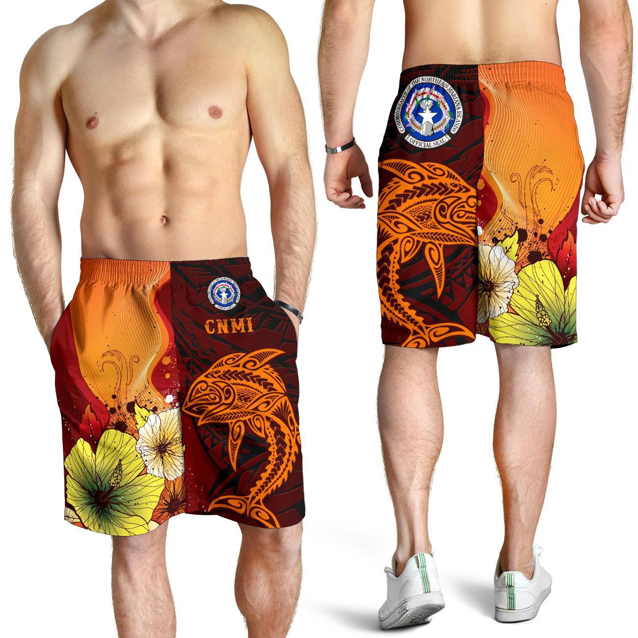 Northern Mariana Islands Men's Shorts - Tribal Tuna Fish Orange - Polynesian Pride