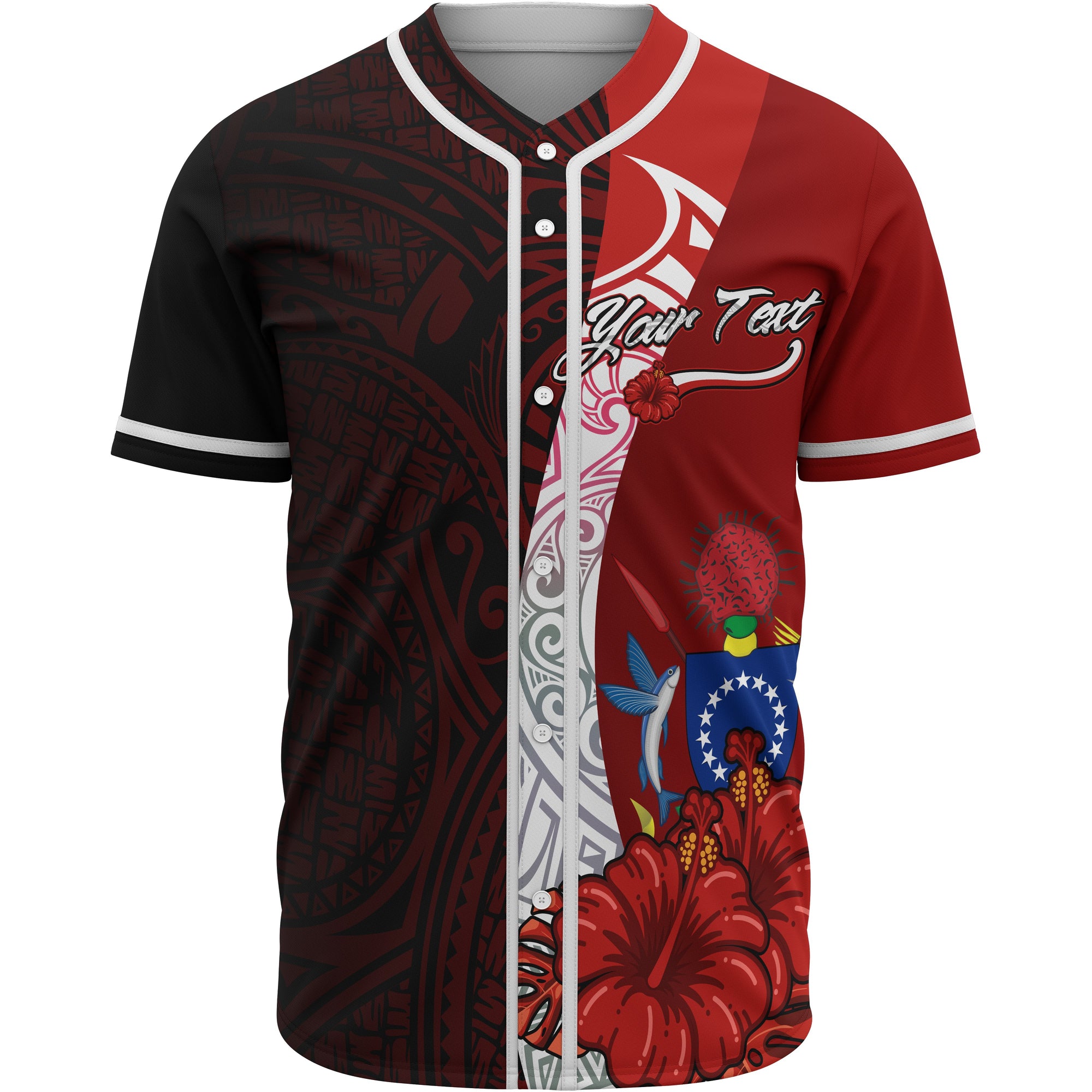 Cook Islands Polynesian Custom Personalised Baseball Shirt - Coat Of Arm With Hibiscus Unisex Red - Polynesian Pride