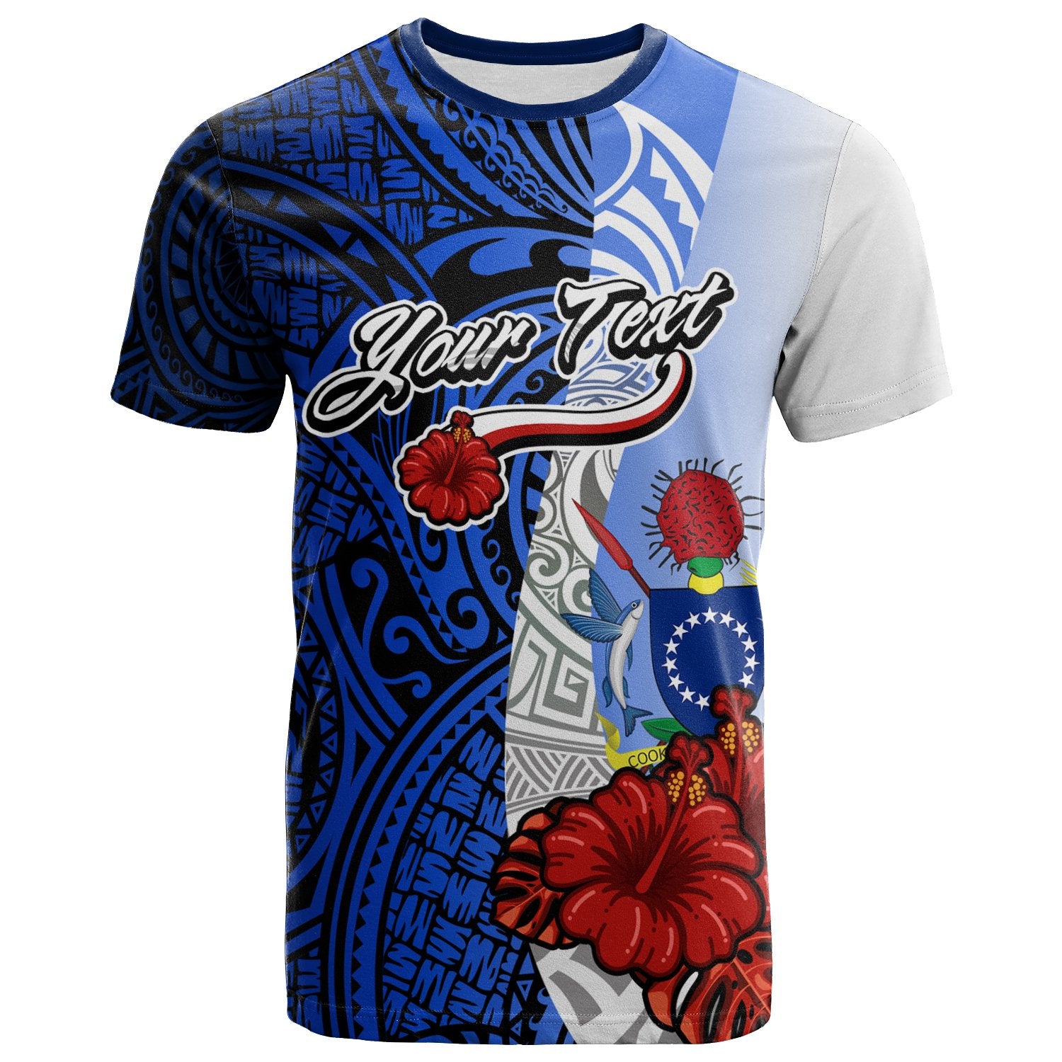 Cook Islands Polynesian Custom T Shirt Coat of Arm With Hibiscus Blue Unisex Blue - Polynesian Pride