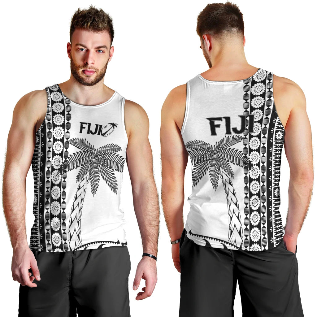 Fiji Rugby Men's Tank Top - Coconut Tree With Tapa Pattern - LT12 White - Polynesian Pride