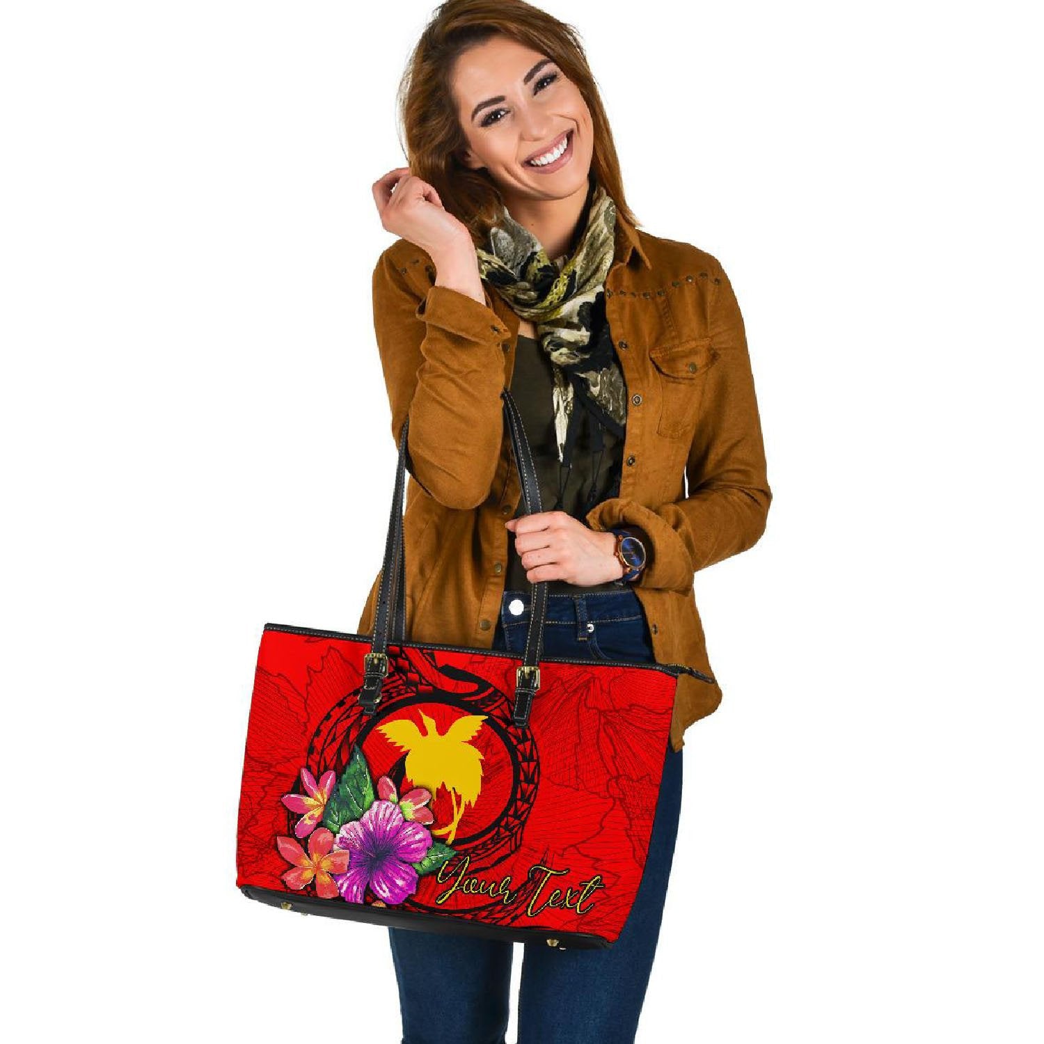 Papua New Guinea Polynesian Custom Personalised Large Leather Tote - Floral With Seal Red Red - Polynesian Pride