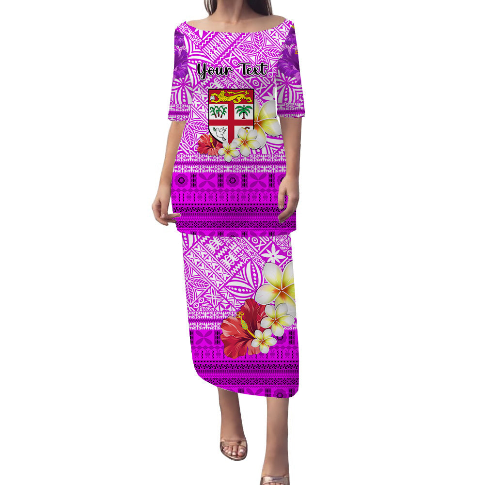 (Custom Personalised) Fiji Puletasi Dress Purple Tapa Pattern Fijian Plumeria Flowers LT13 Purple - Polynesian Pride