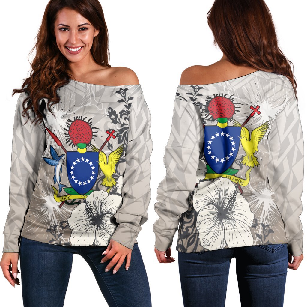 Cook Islands Women's Off Shoulder Sweaters - Vintage Luxury Floral Style Nude - Polynesian Pride