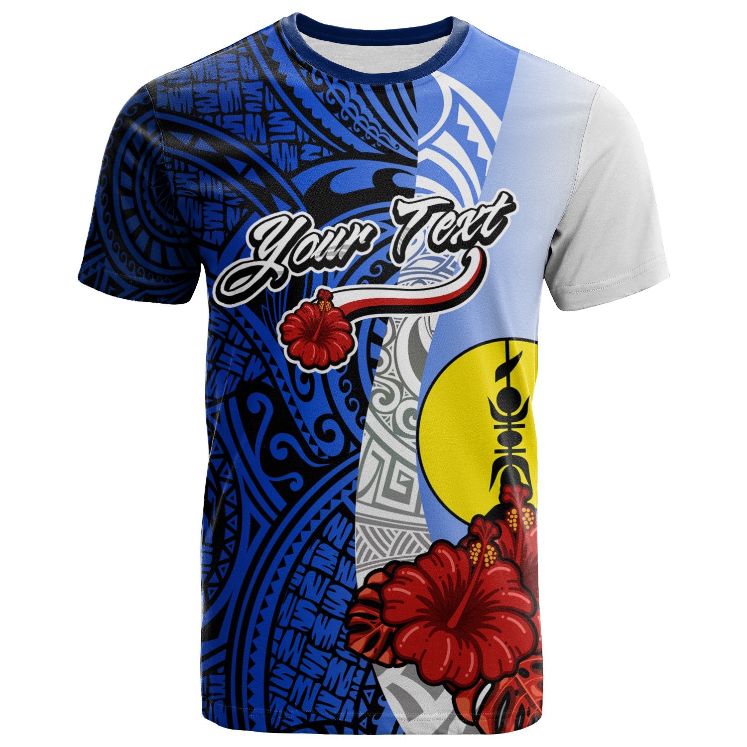 New Caledonia Polynesian Custom T shirt Coat Of Arm With Hibiscus Blue Unisex Blue - Polynesian Pride