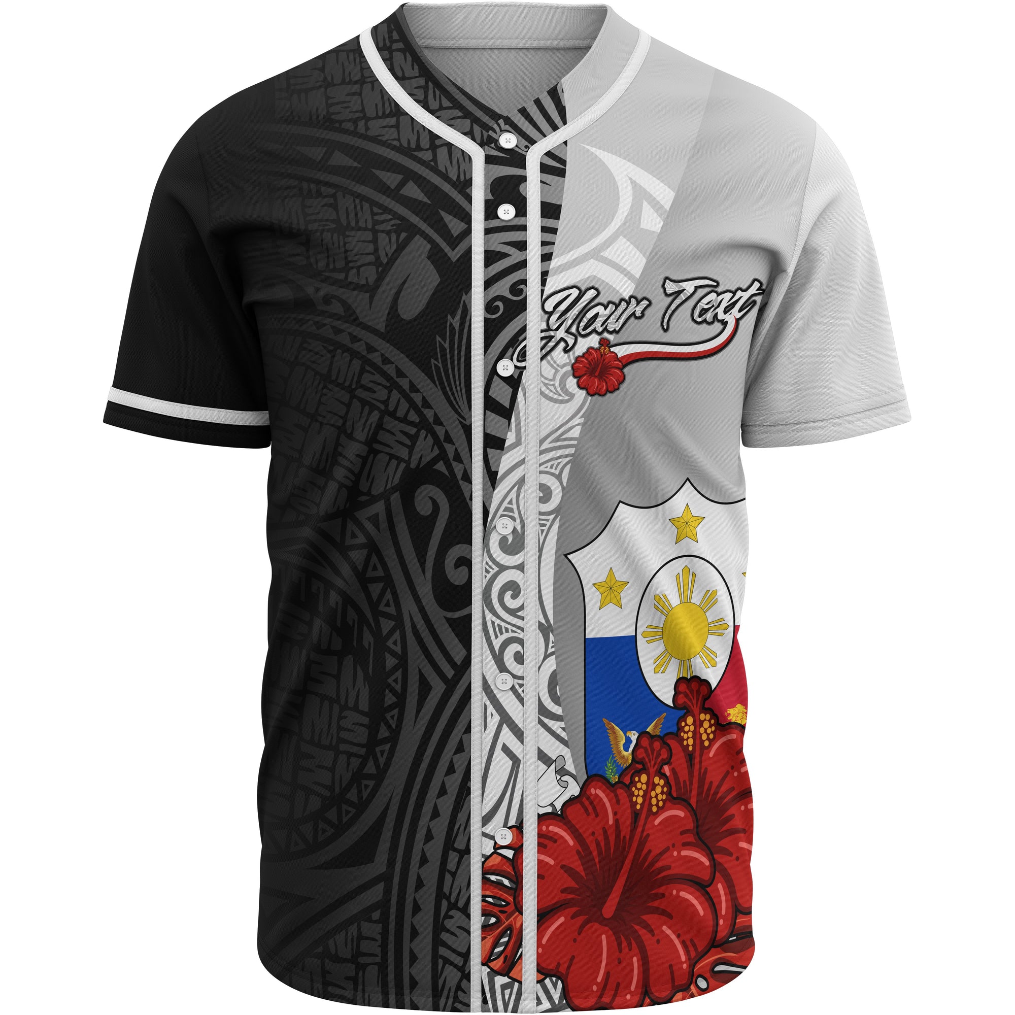 Philippines Polynesian Custom Personalised Baseball Shirt - Coat Of Arm With Hibiscus White Unisex White - Polynesian Pride