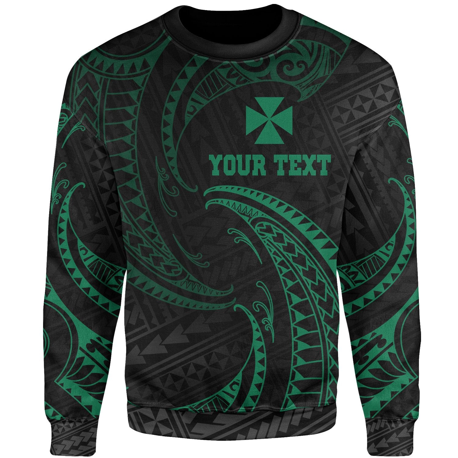 Wallis And Futuna Polynesian Custom Personalised Sweater - Green Tribal Wave Unisex Green - Polynesian Pride