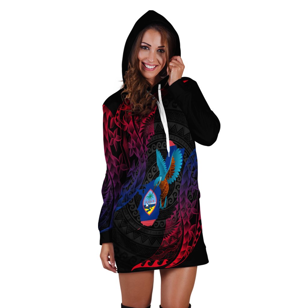 Guam Hoodie Dress - KingFisher Bird With Map Black - Polynesian Pride