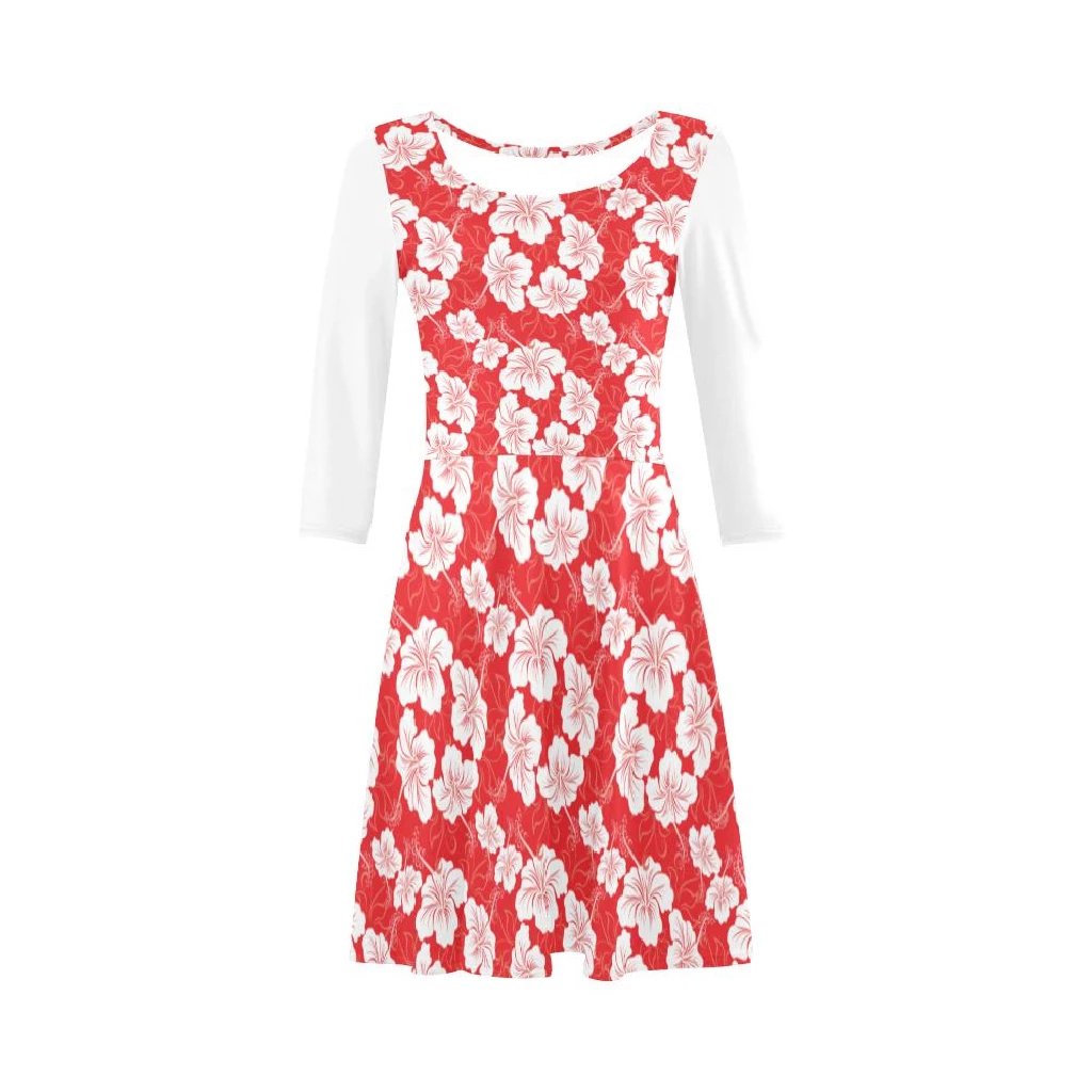 Hibiscus Red Sleeve Sundress White Sundress - Polynesian Pride