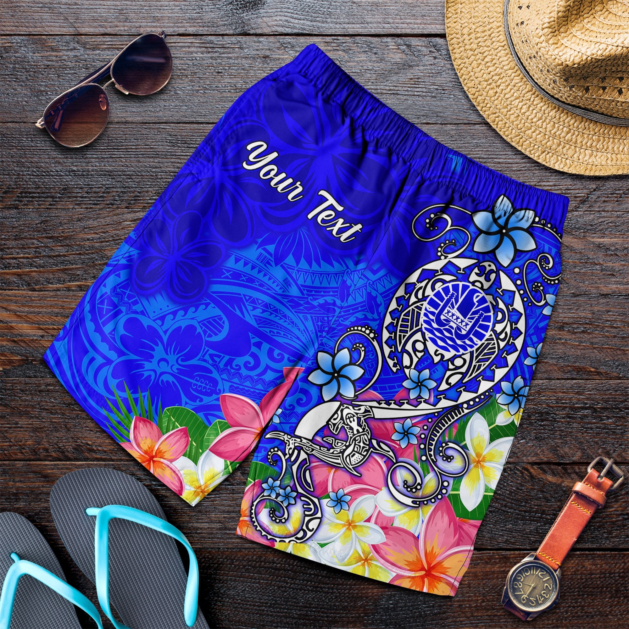 Tahiti Custom Personalised Men's Shorts - Turtle Plumeria (Blue) Blue - Polynesian Pride