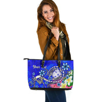 Fiji Custom Personalised Large Leather Tote Bag - Turtle Plumeria (Blue) - Polynesian Pride