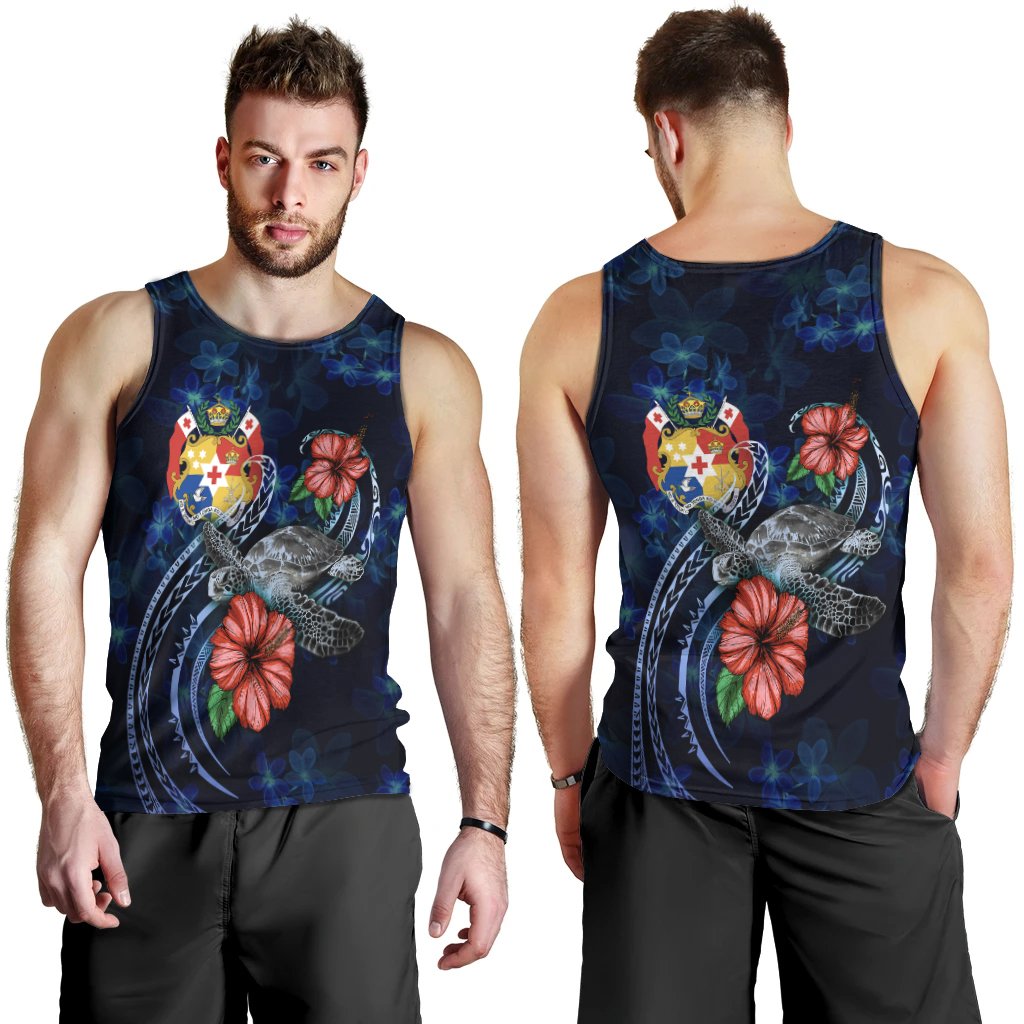 Tonga Polynesian Men Tank Top - Blue Turtle Hibiscus Blue - Polynesian Pride