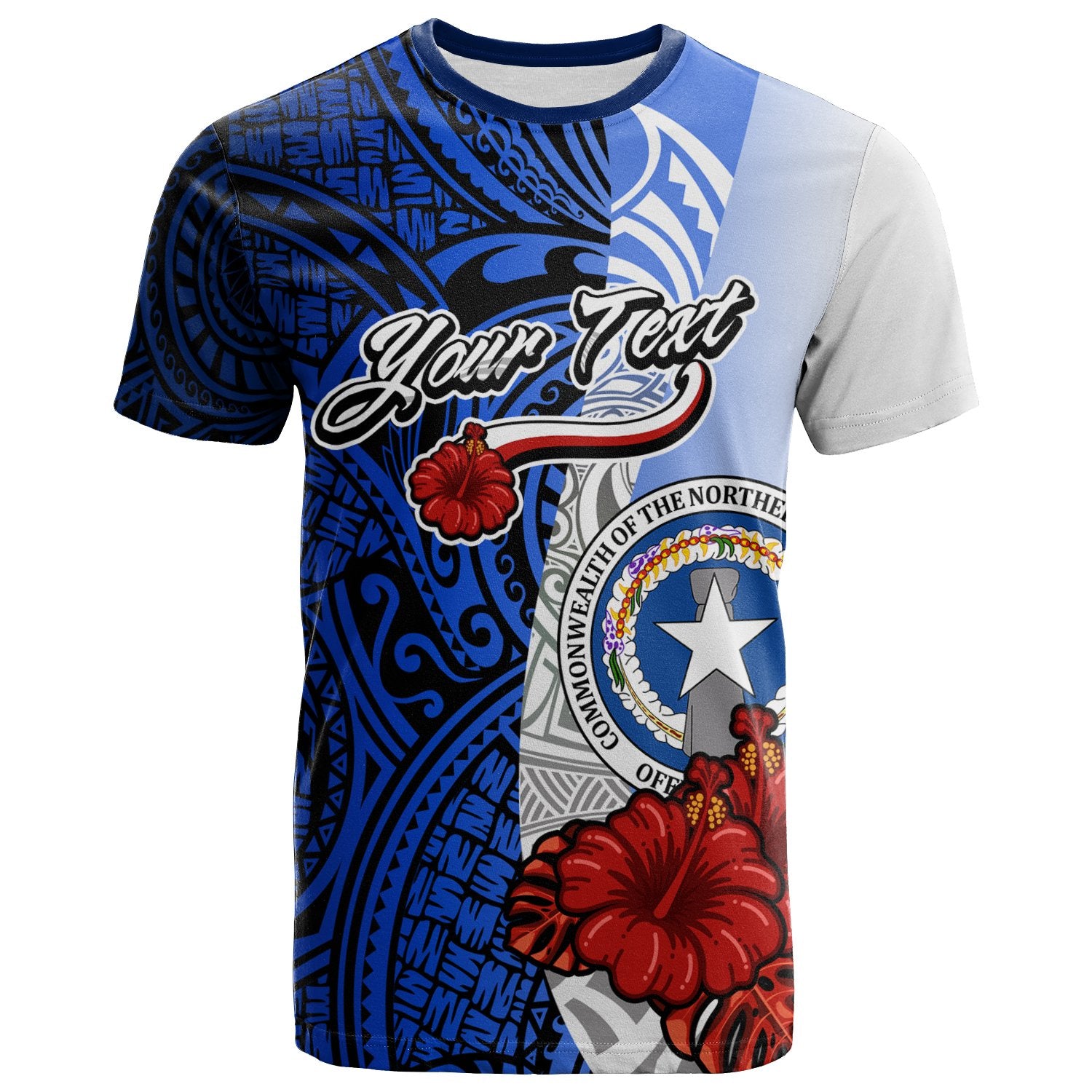 Northern Mariana Islands Polynesian Custom T shirt Coat Of Arm With Hibiscus Blue Unisex Blue - Polynesian Pride