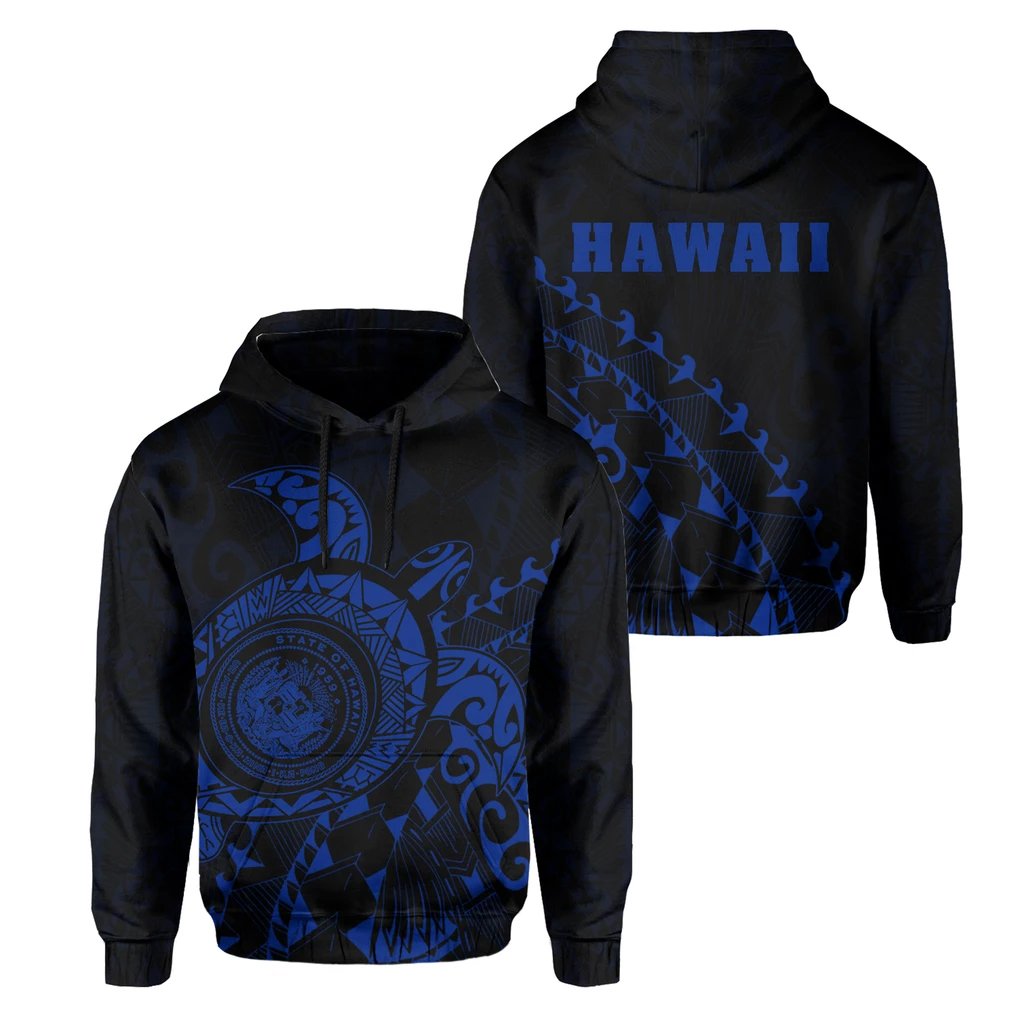 Hawaii Coat of Arms Hoodie (Blue) Turtle Style Unisex White - Polynesian Pride