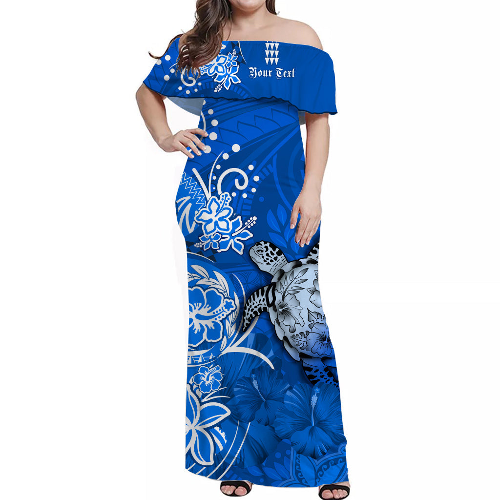 (Custom Personalised) Hawaii Off Shoulder Long Dress Polynesia Blue Sea Turtle Honu and Hibiscus LT13 Women Blue - Polynesian Pride