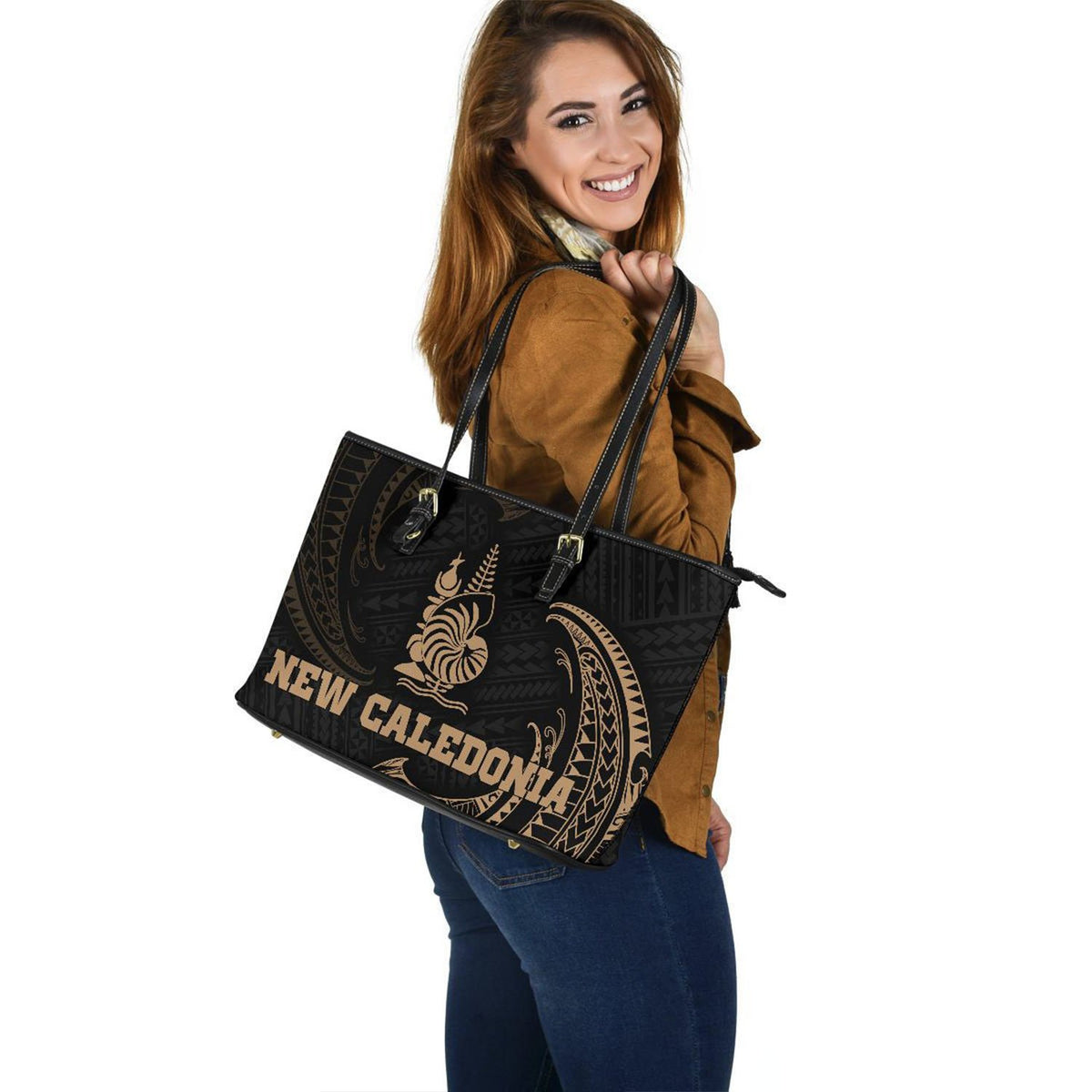 New Caledonia Polynesian Leather Tote Bag - Gold Tribal Wave - Polynesian Pride