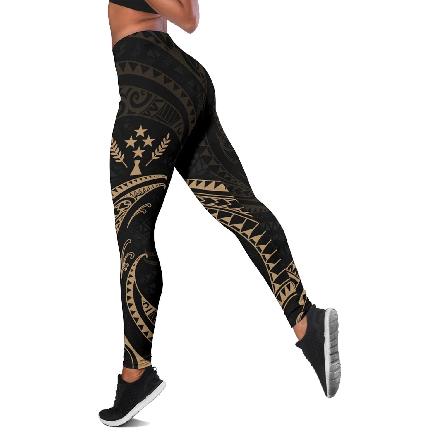 Kosrae Micronesia Women's Legging - Gold Tribal Wave Black - Polynesian Pride