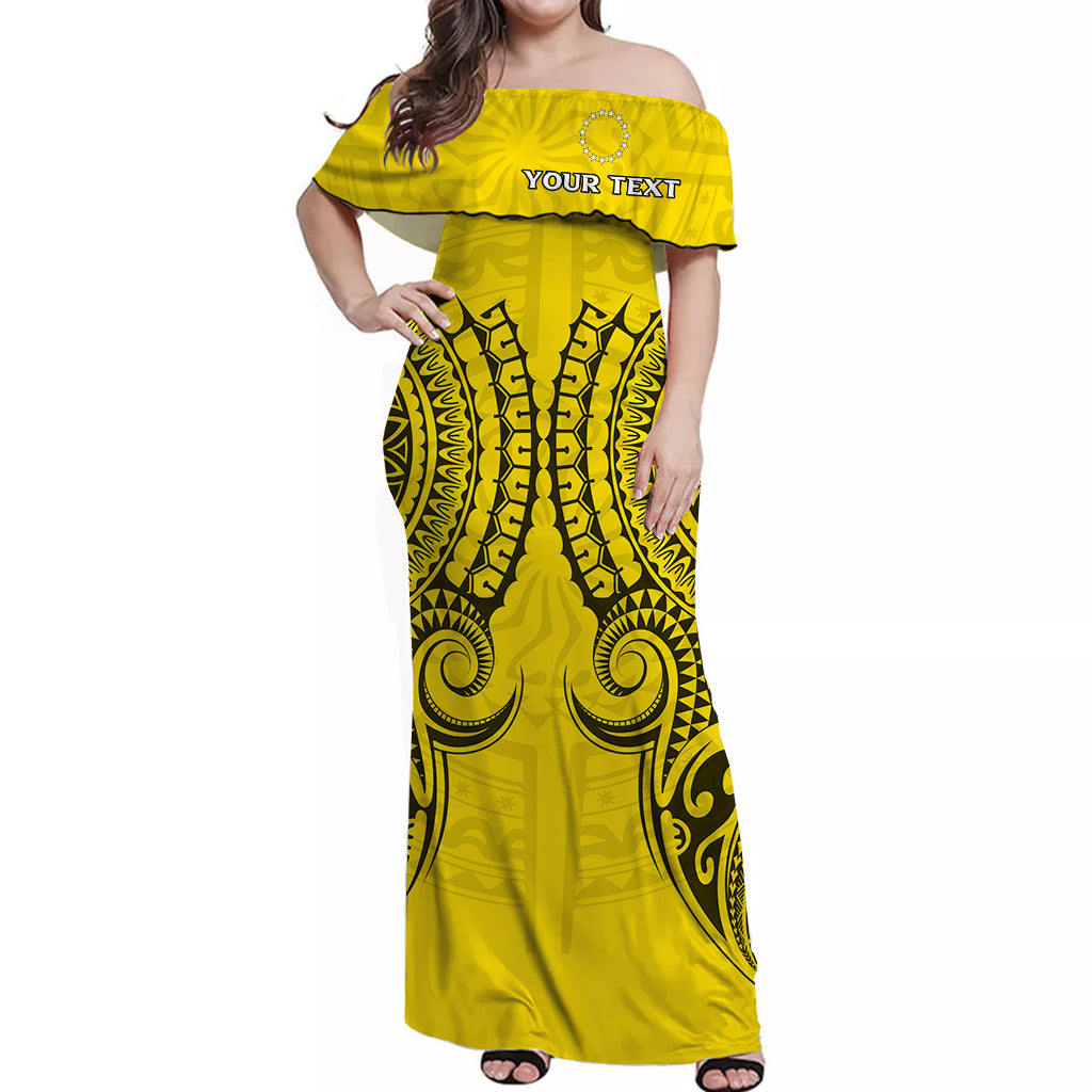 (Custom Personalised) Cook Islands Aitutaki Off Shoulder Long Dress - Tribal Pattern - LT12 Long Dress Yellow - Polynesian Pride