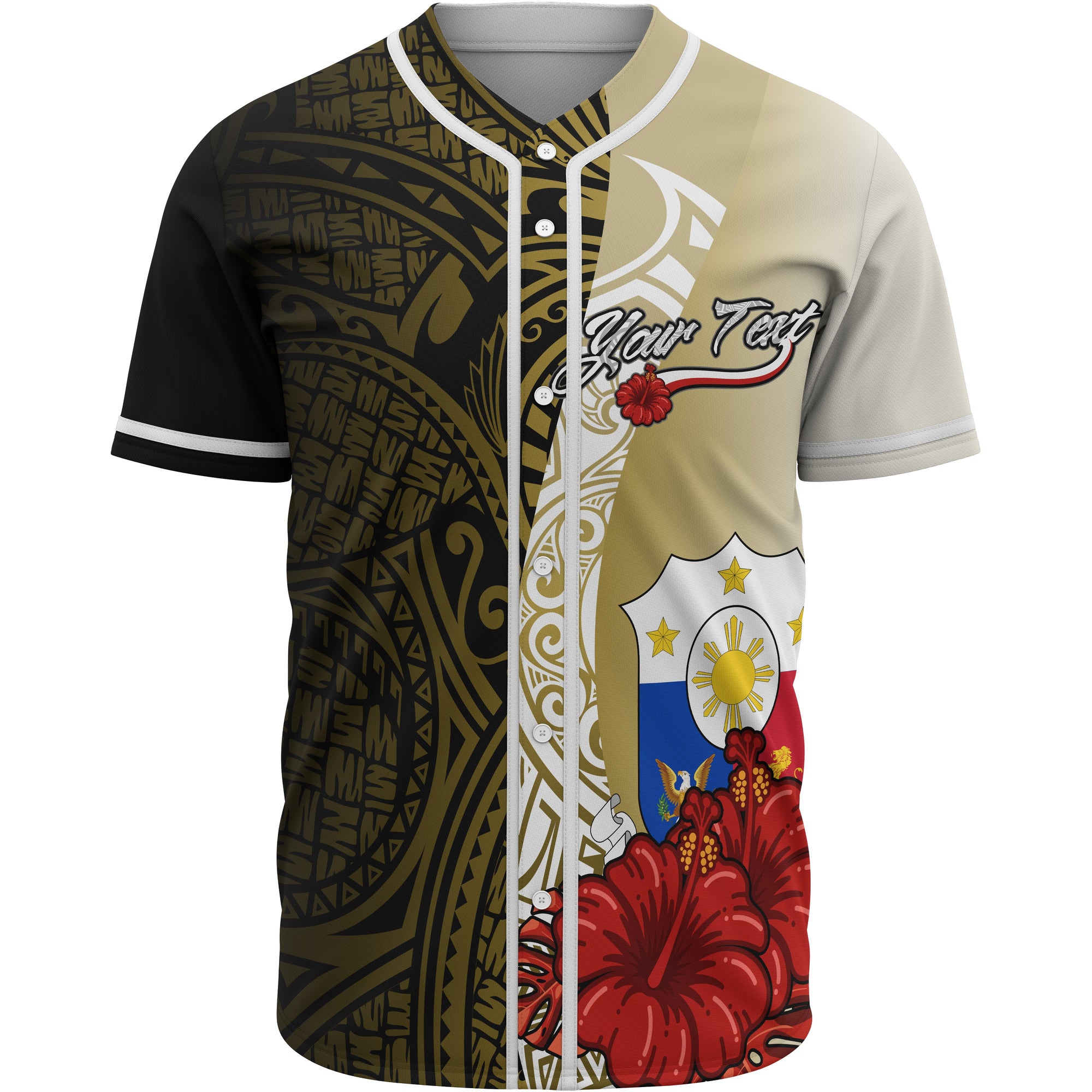 Philippines Polynesian Custom Personalised Baseball Shirt - Coat Of Arm With Hibiscus Gold Unisex Gold - Polynesian Pride