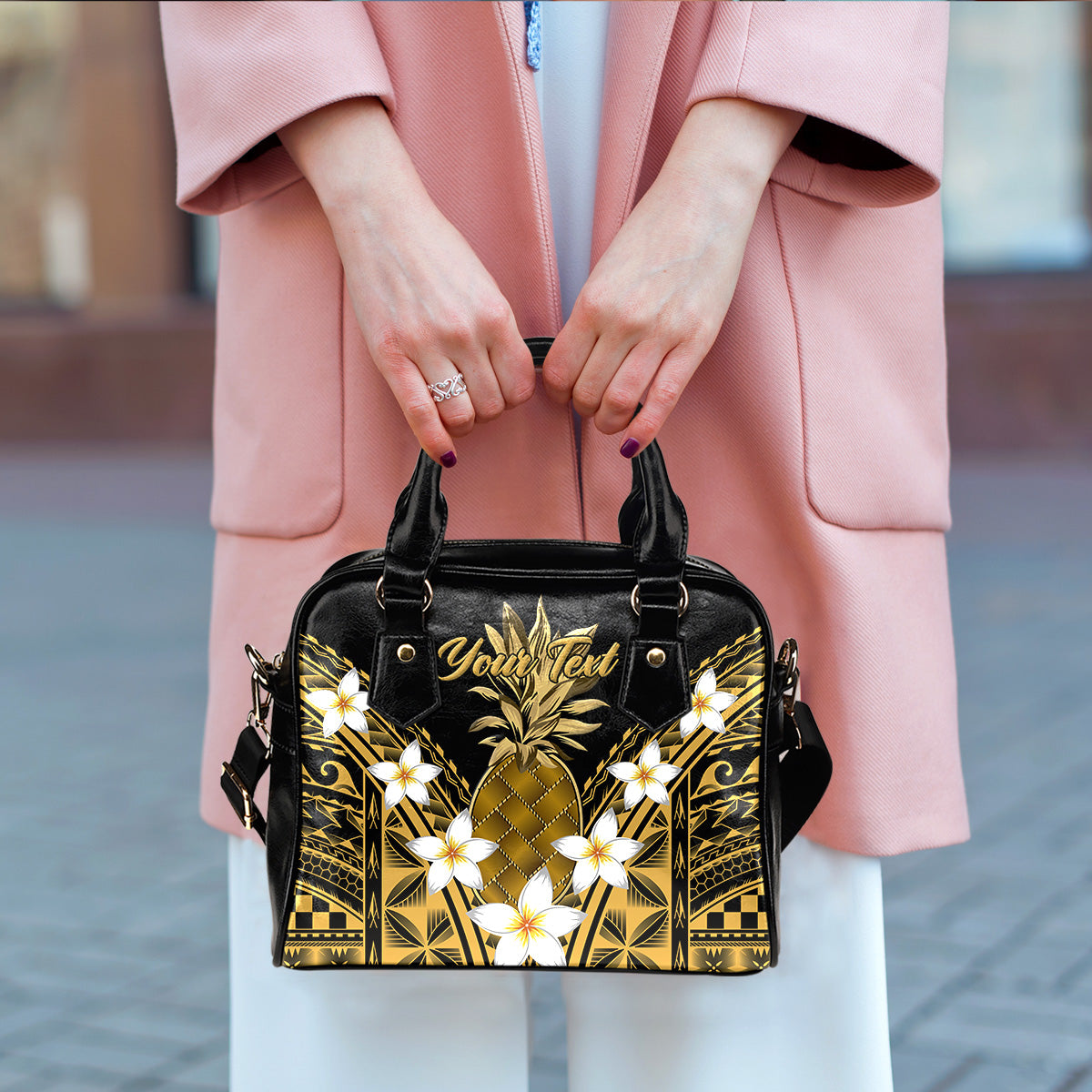 (Custom Personalised) Hawaii Shoulder Handbag - Pineapple With Plumeria Flowers - LT12 - Polynesian Pride