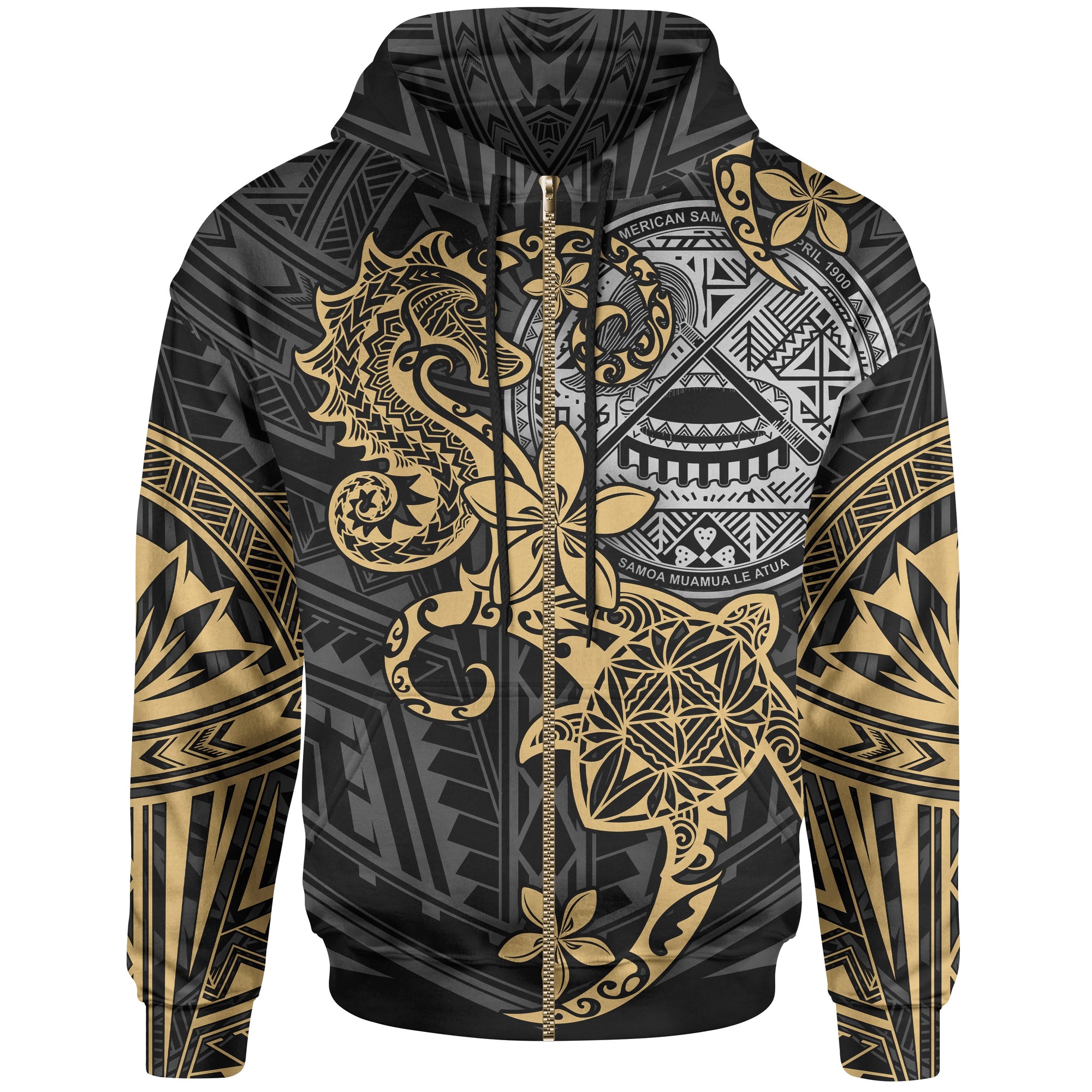 American Samoa Polynesian Zip up Hoodie Gold Seahorse Turtle Unisex GOLD - Polynesian Pride