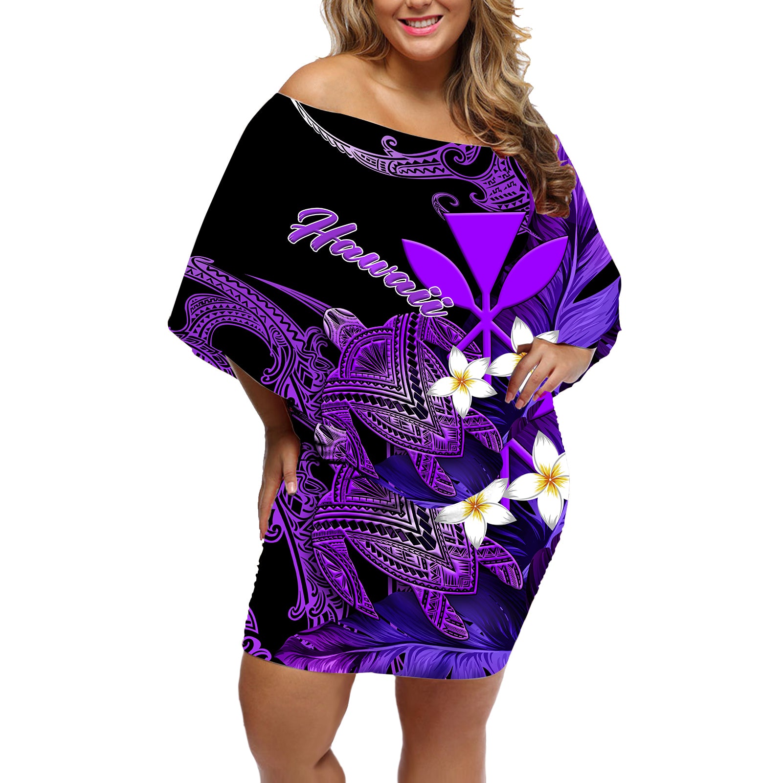 (Custom Personalised) Hawaii Turtle With Plumeria Leaf Purple Off Shoulder Short Dress - LT12 Women Black - Polynesian Pride