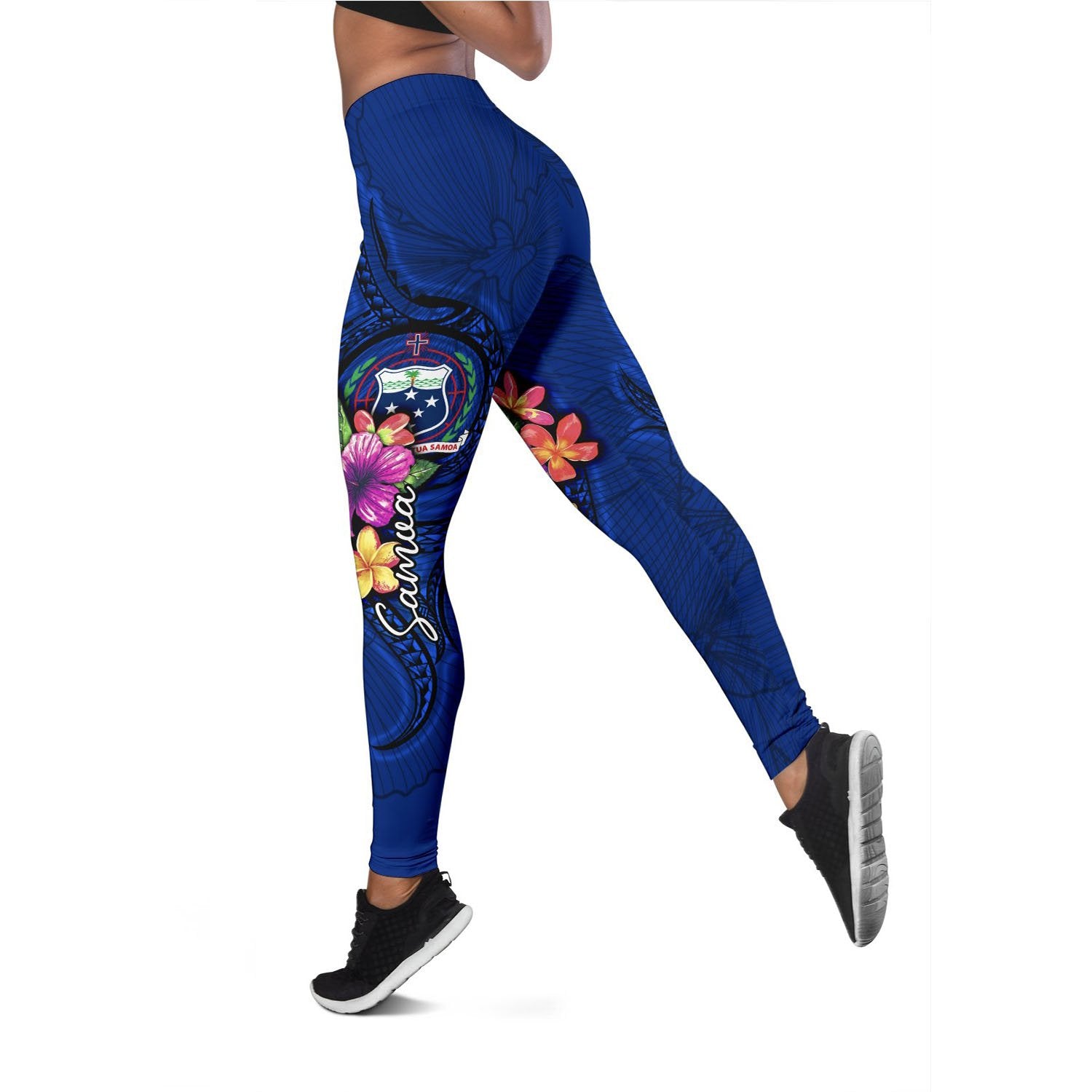 Samoa Polynesian Legging - Floral With Seal Blue Blue - Polynesian Pride