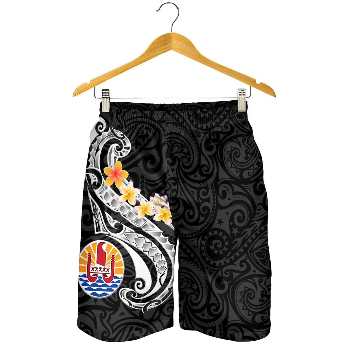 Tahiti Men's Short - Tahiti Seal Polynesian Patterns Plumeria (Black) - Polynesian Pride