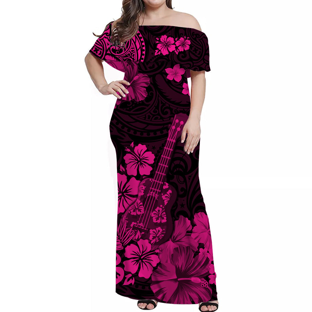 Hawaii Off Shoulder Long Dress Polynesia Pink Ukulele Flowers LT13 Women Pink - Polynesian Pride