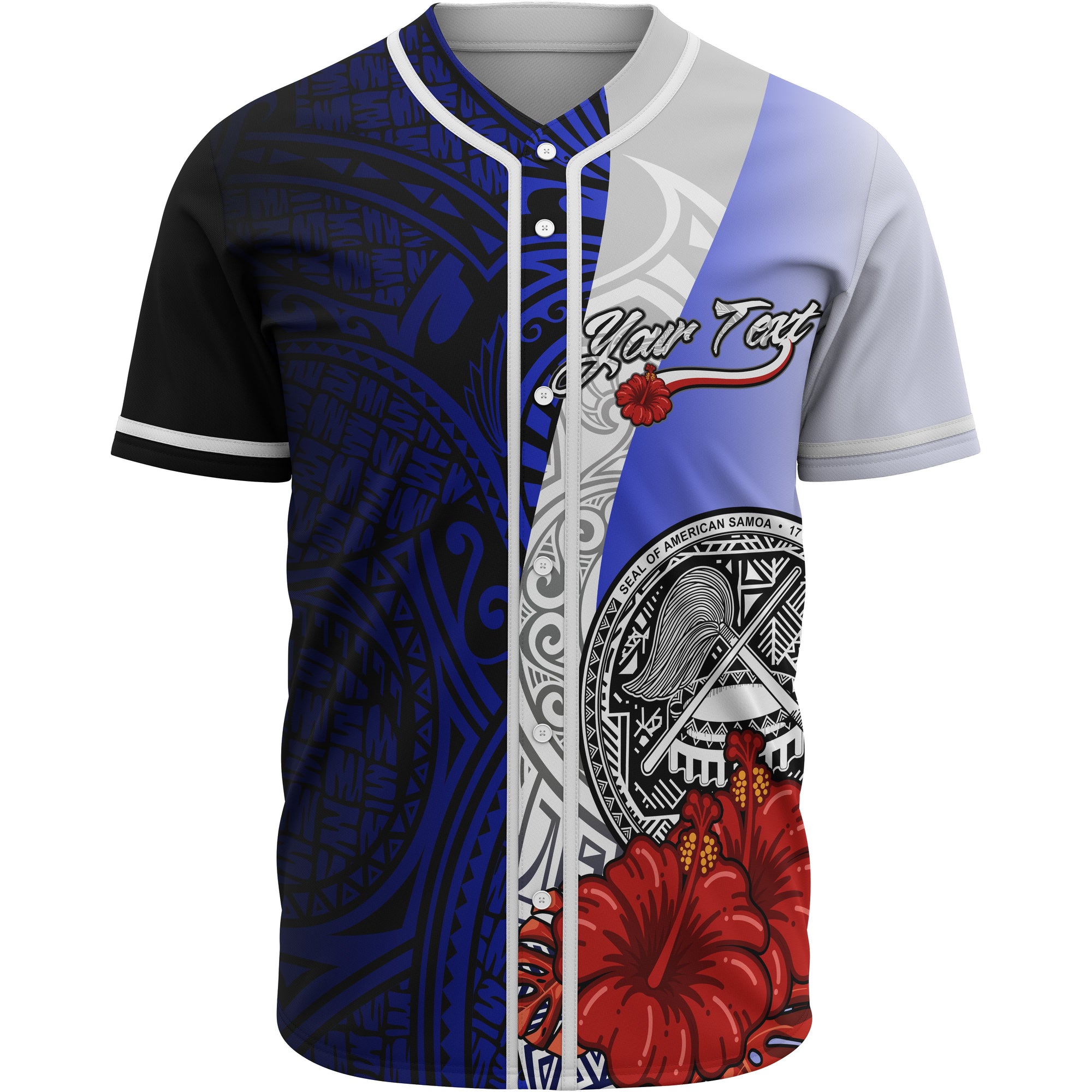 American Samoa Polynesian Custom Personalised Baseball Shirt - Coat Of Arm With Hibiscus Blue Unisex Blue - Polynesian Pride