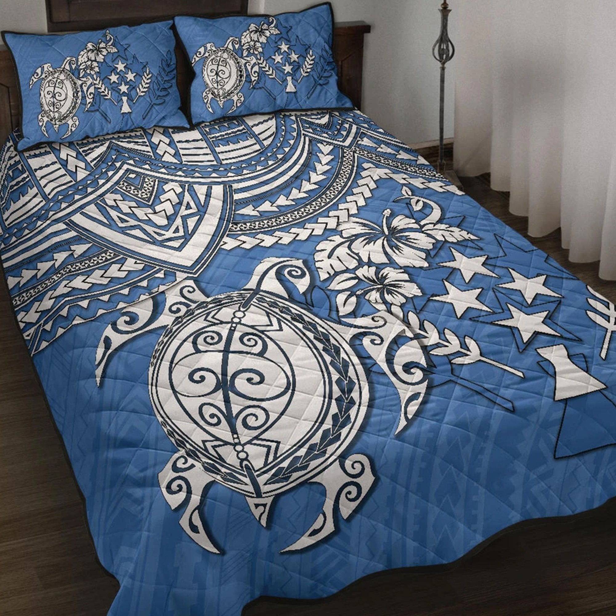 Kosrae Polynesian Quilt Bed Set - Polynesian Turtle Blue - Polynesian Pride