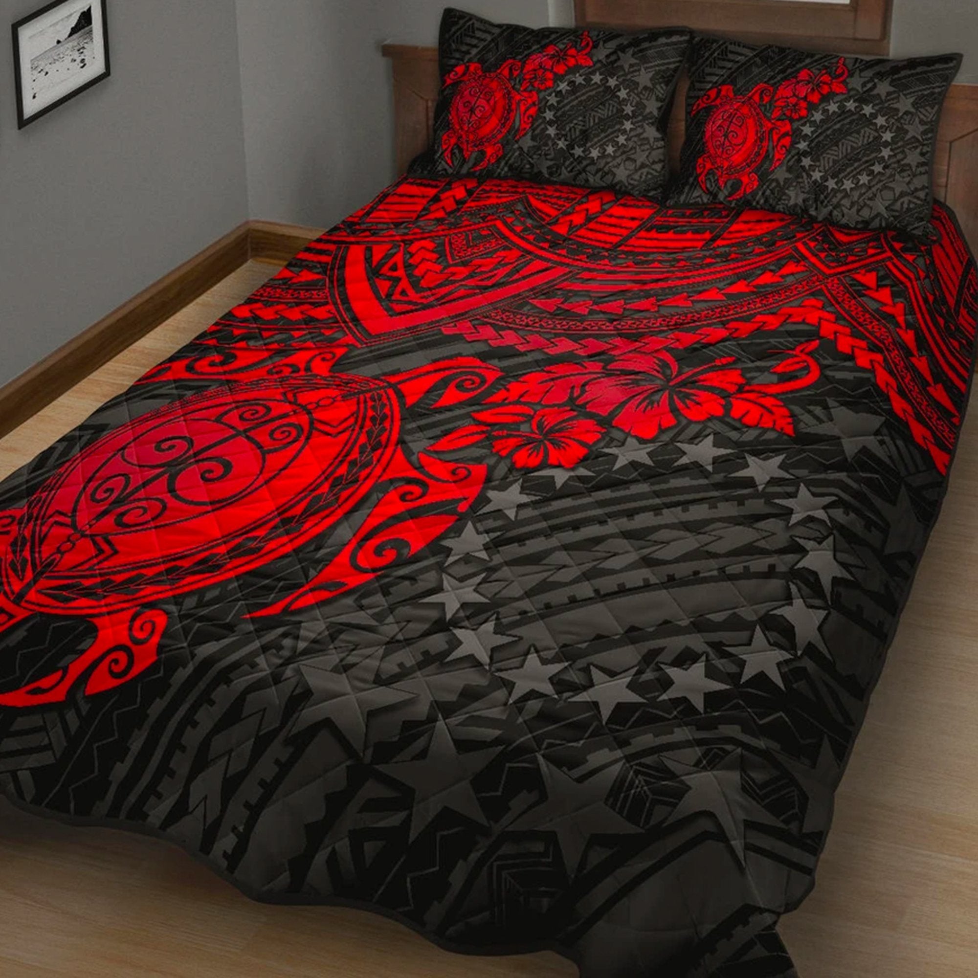 Cook Islands Polynesian Quilt Bed Set - Cook Islands Flag & Red Turtle Hibiscus Red - Polynesian Pride