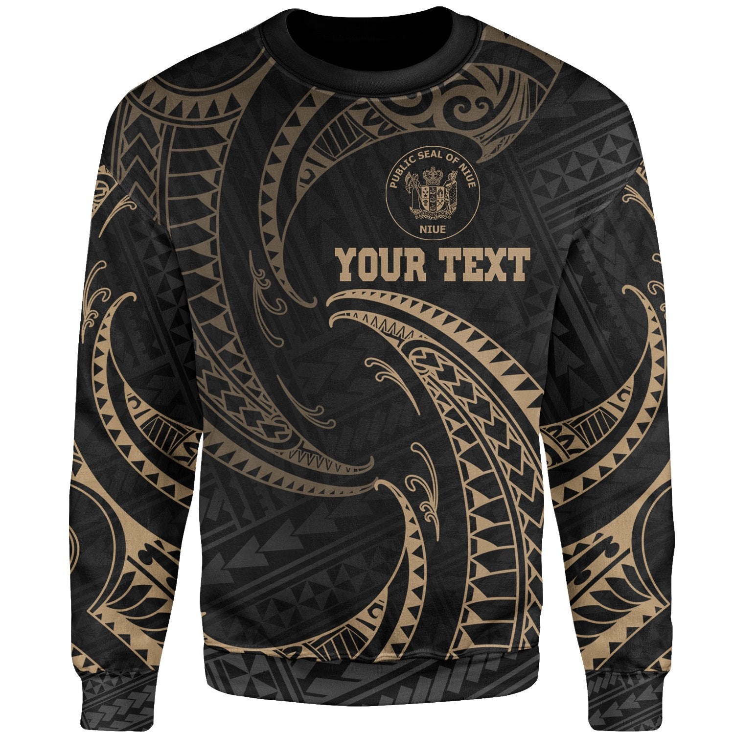 Niue Polynesian Custom Personalised Sweater - Gold Tribal Wave Unisex Gold - Polynesian Pride