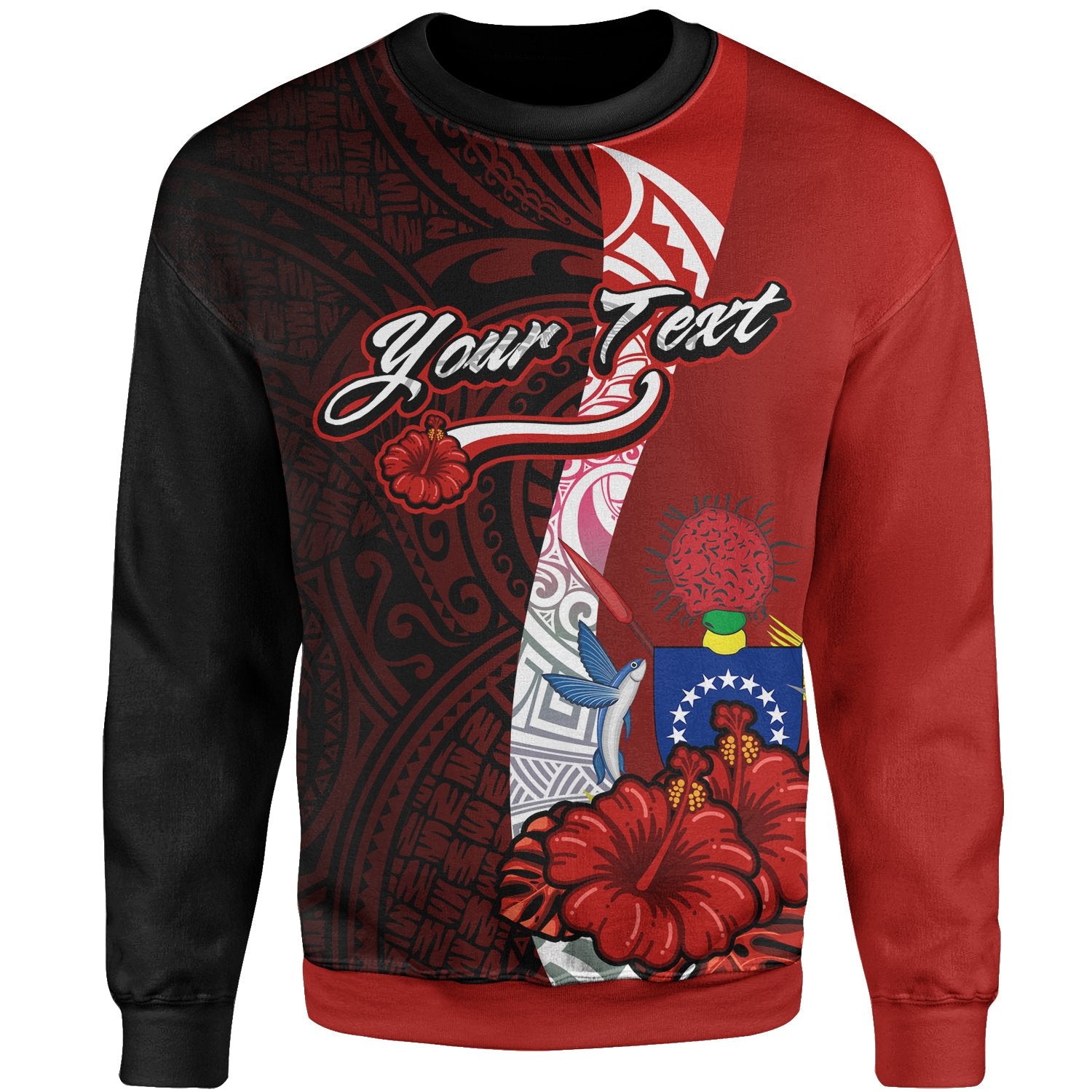 Cook Islands Polynesian Custom Personalised Sweater - Coat Of Arm With Hibiscus Unisex Red - Polynesian Pride