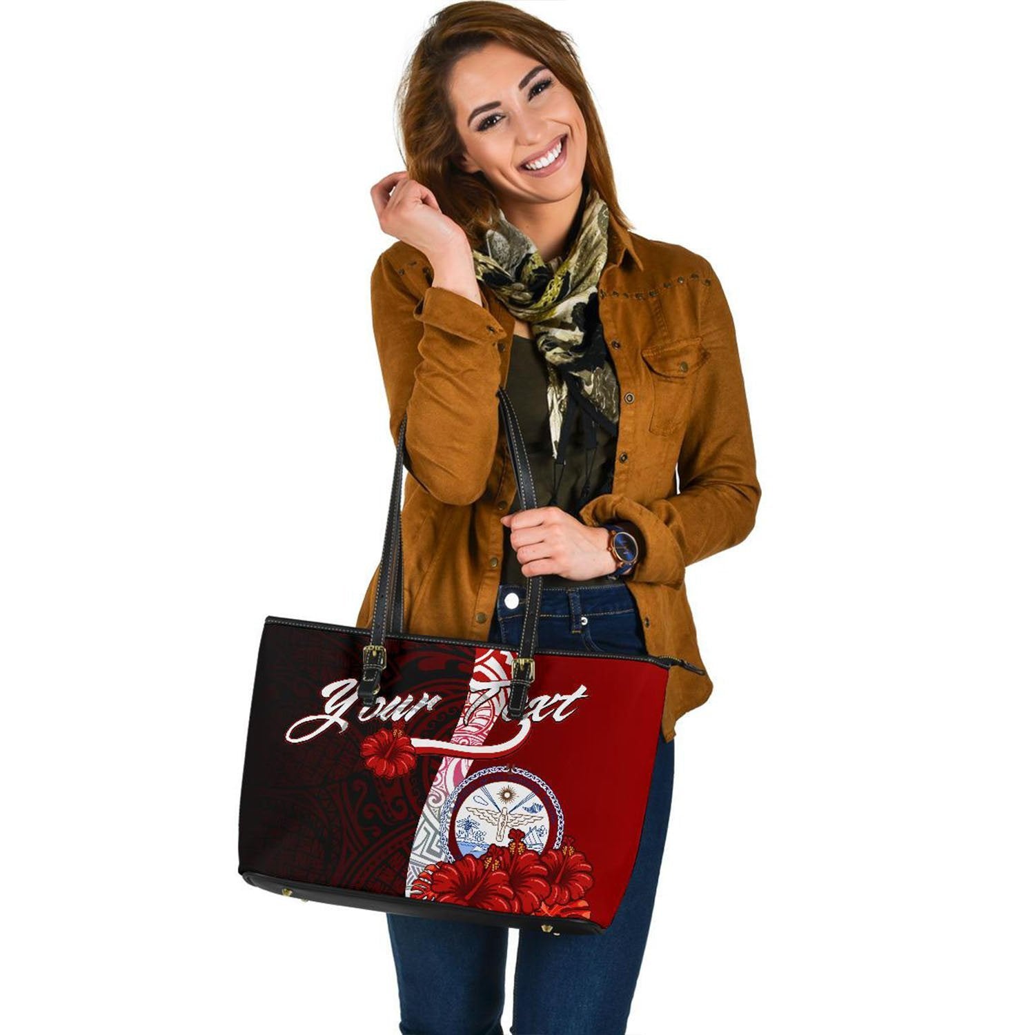 Marshall Islands Polynesian Custom Personalised Leather Tote Bag - Coat Of Arm With Hibiscus Red - Polynesian Pride