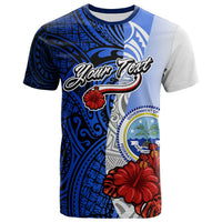 Federated States of Micronesia Custom T Shirt Coat of Arm With Hibiscus Blue Unisex Blue - Polynesian Pride