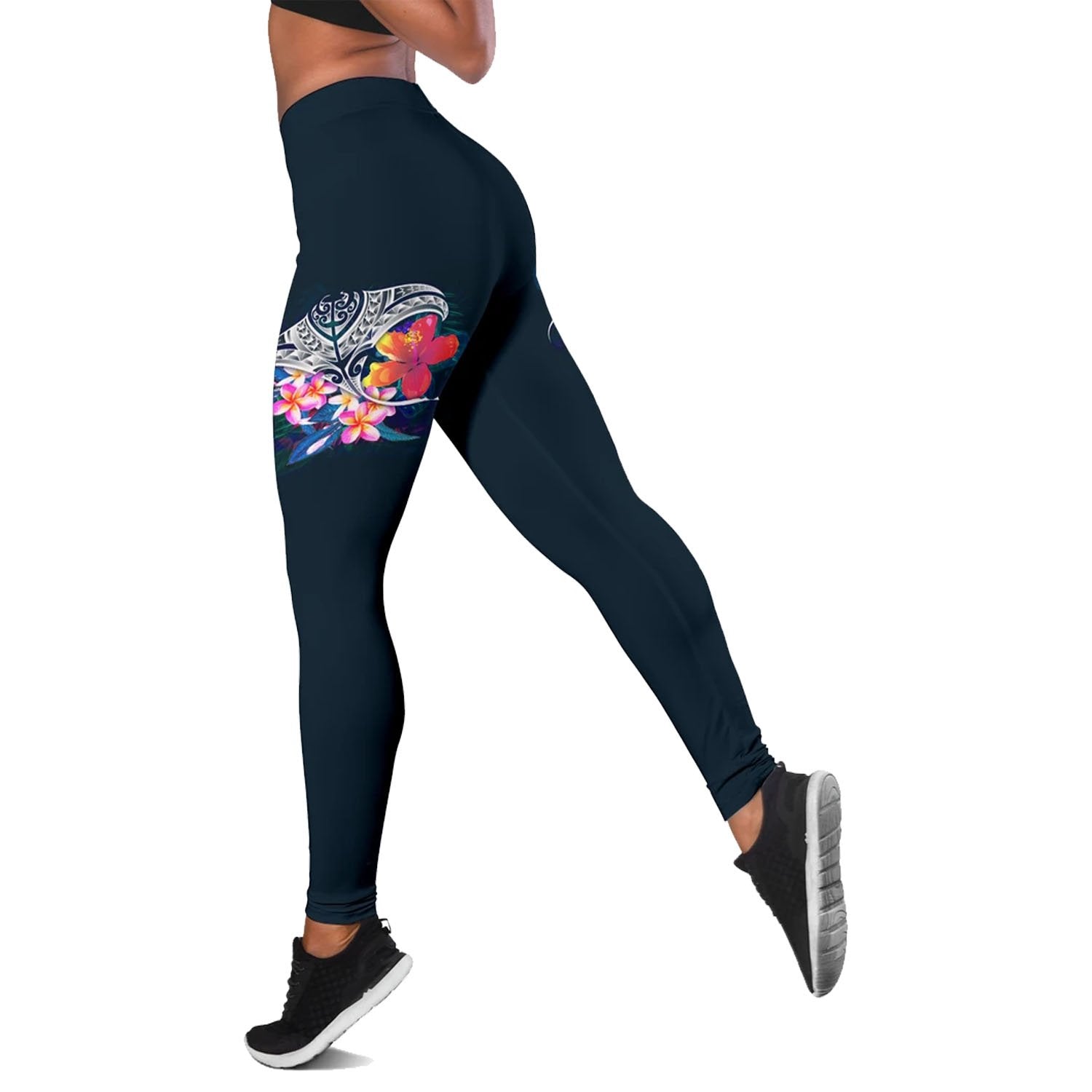 Polynesian Women's Legging - Manta Ray And Hibiscus Blue - Polynesian Pride