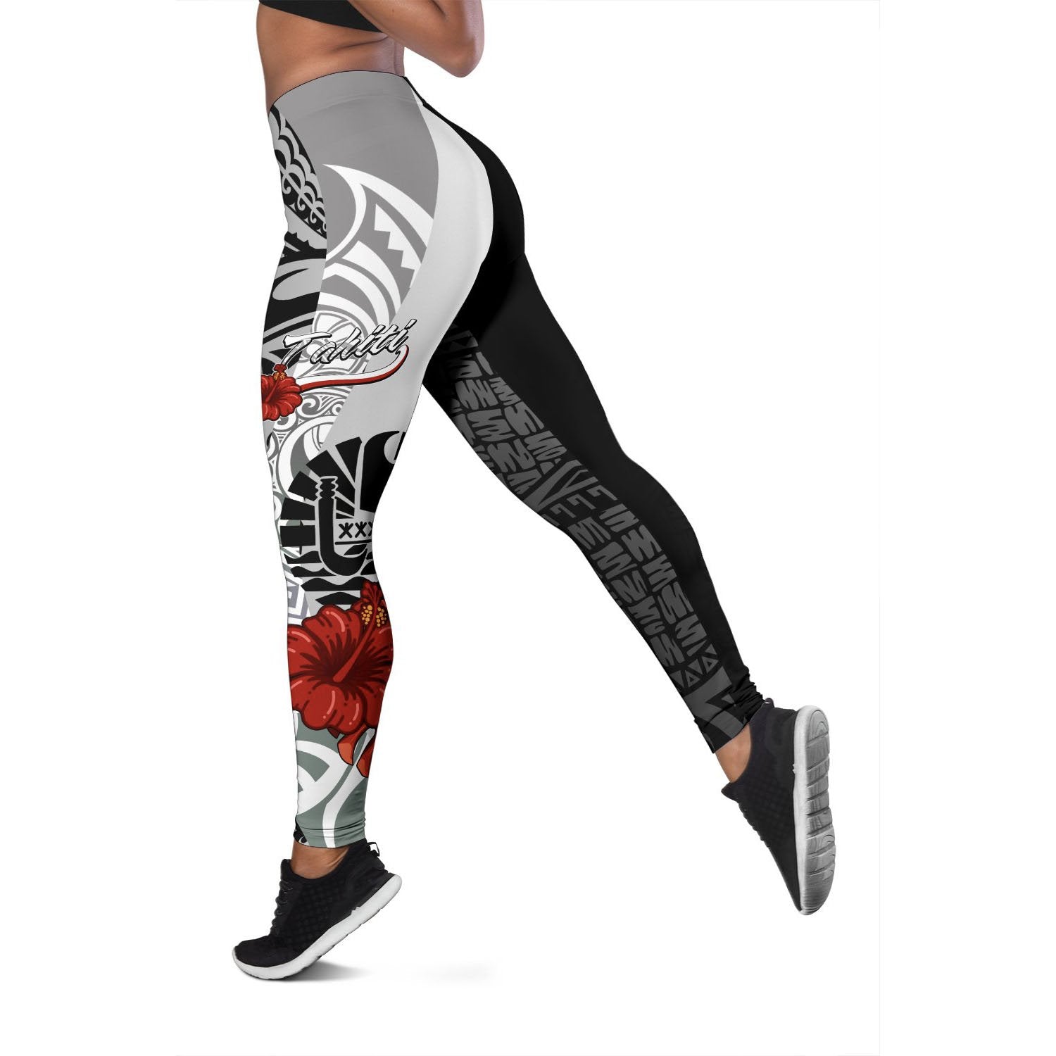 Tahiti Polynesian Legging - Coat Of Arm With Hibiscus White Black - Polynesian Pride