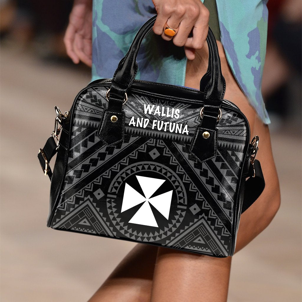 Wallis and Futuna Shoulder Handbag - Wallis and Futuna Seal With Polynesian Tattoo Style One Size Black - Polynesian Pride