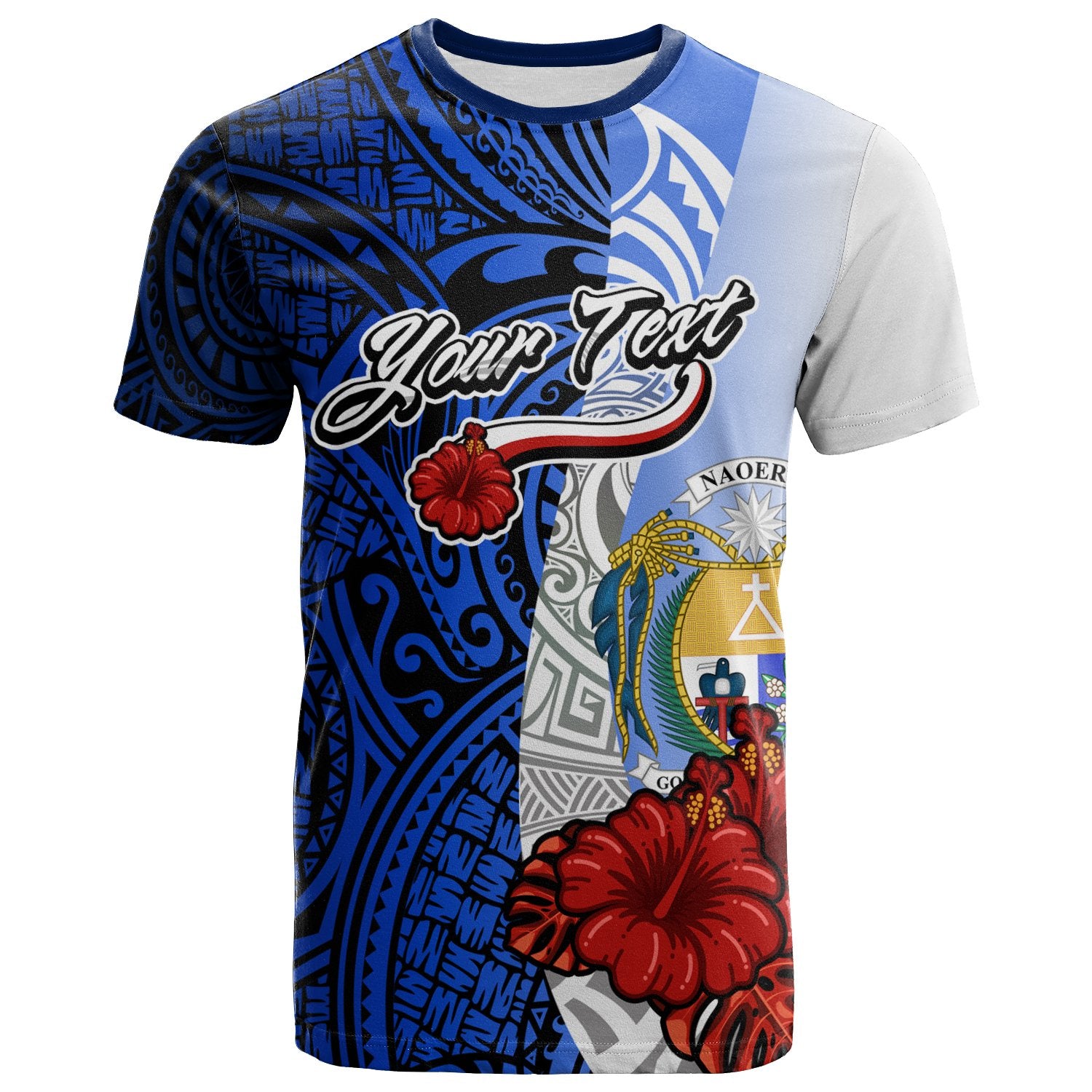 Nauru Polynesian Custom T shirt Coat Of Arm With Hibiscus Blue Unisex Blue - Polynesian Pride