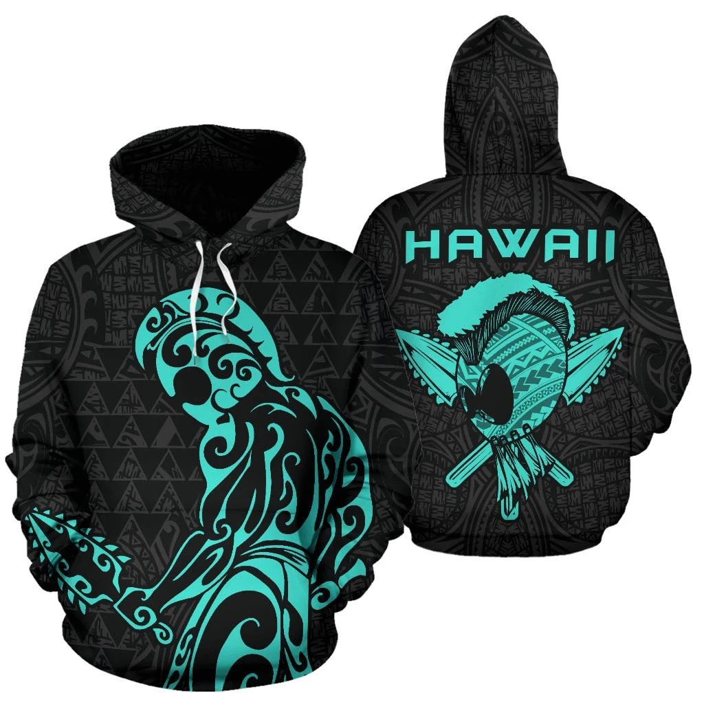 Polynesian Kakau Helmet Weapon Turquoise Kanaka Warrior Hoodie Unisex Turquoise - Polynesian Pride
