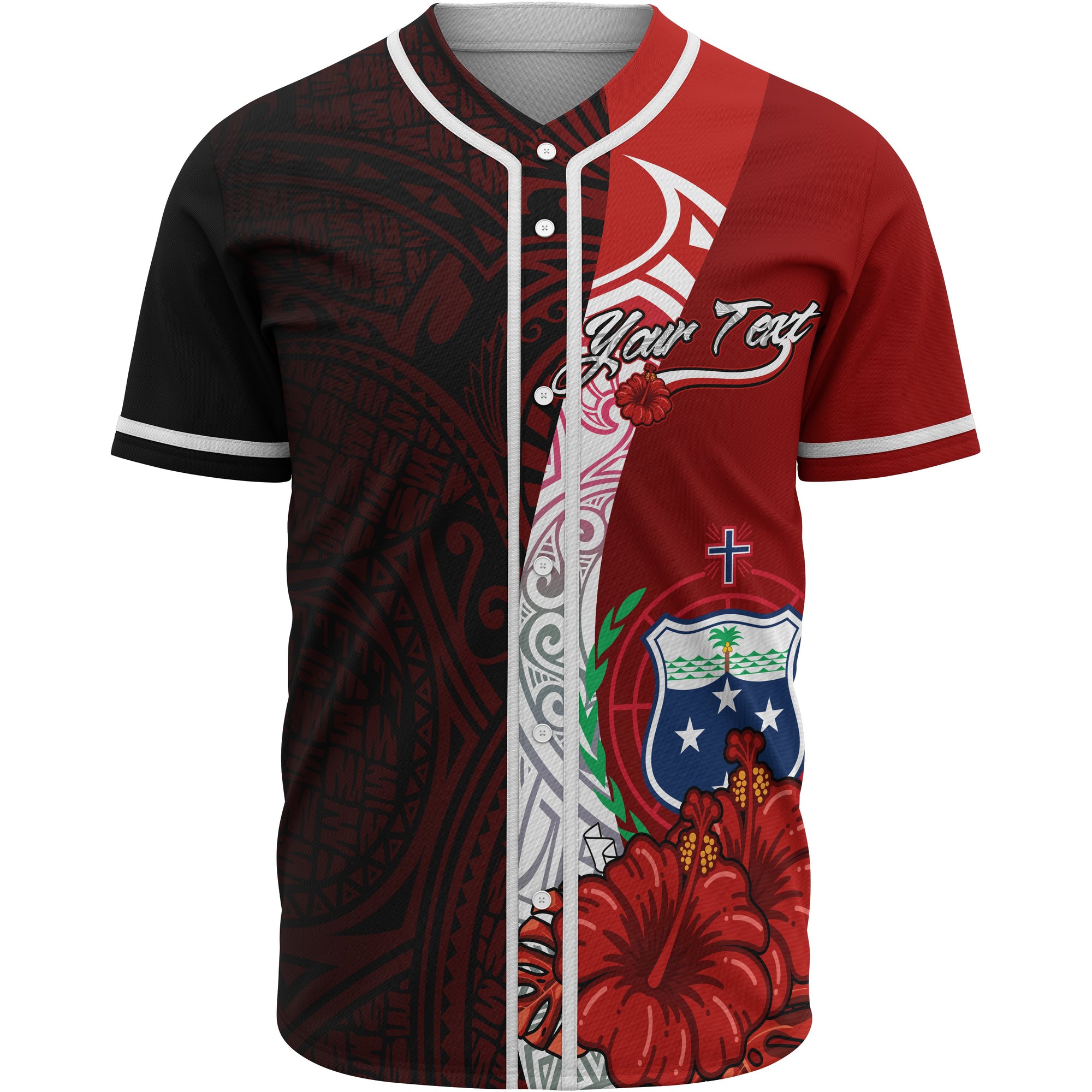 Samoa Polynesian Custom Personalised Baseball Shirt - Coat Of Arm With Hibiscus Unisex Red - Polynesian Pride