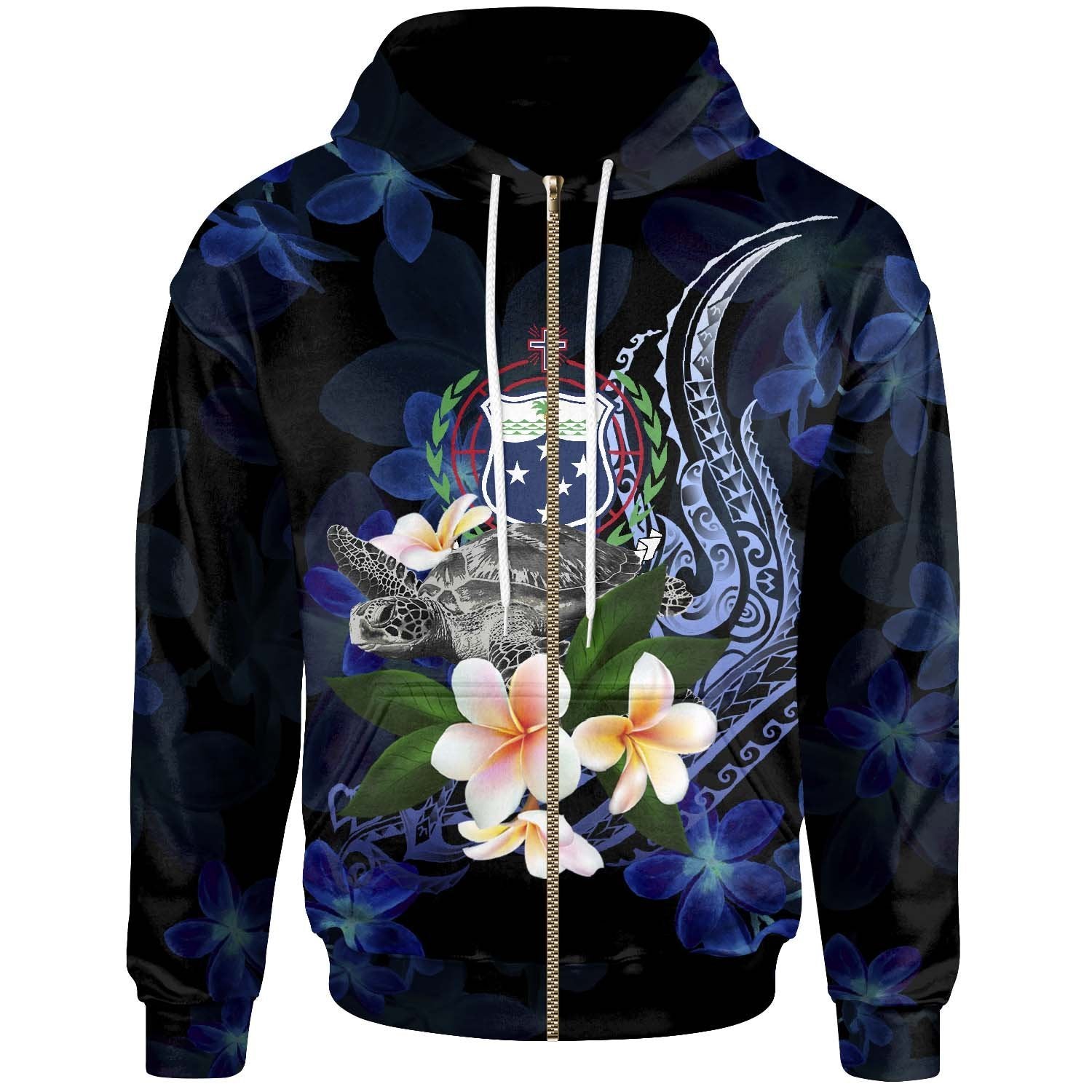 Samoa Polynesian Zip up Hoodie Turtle With Plumeria Flowers Unisex Blue - Polynesian Pride