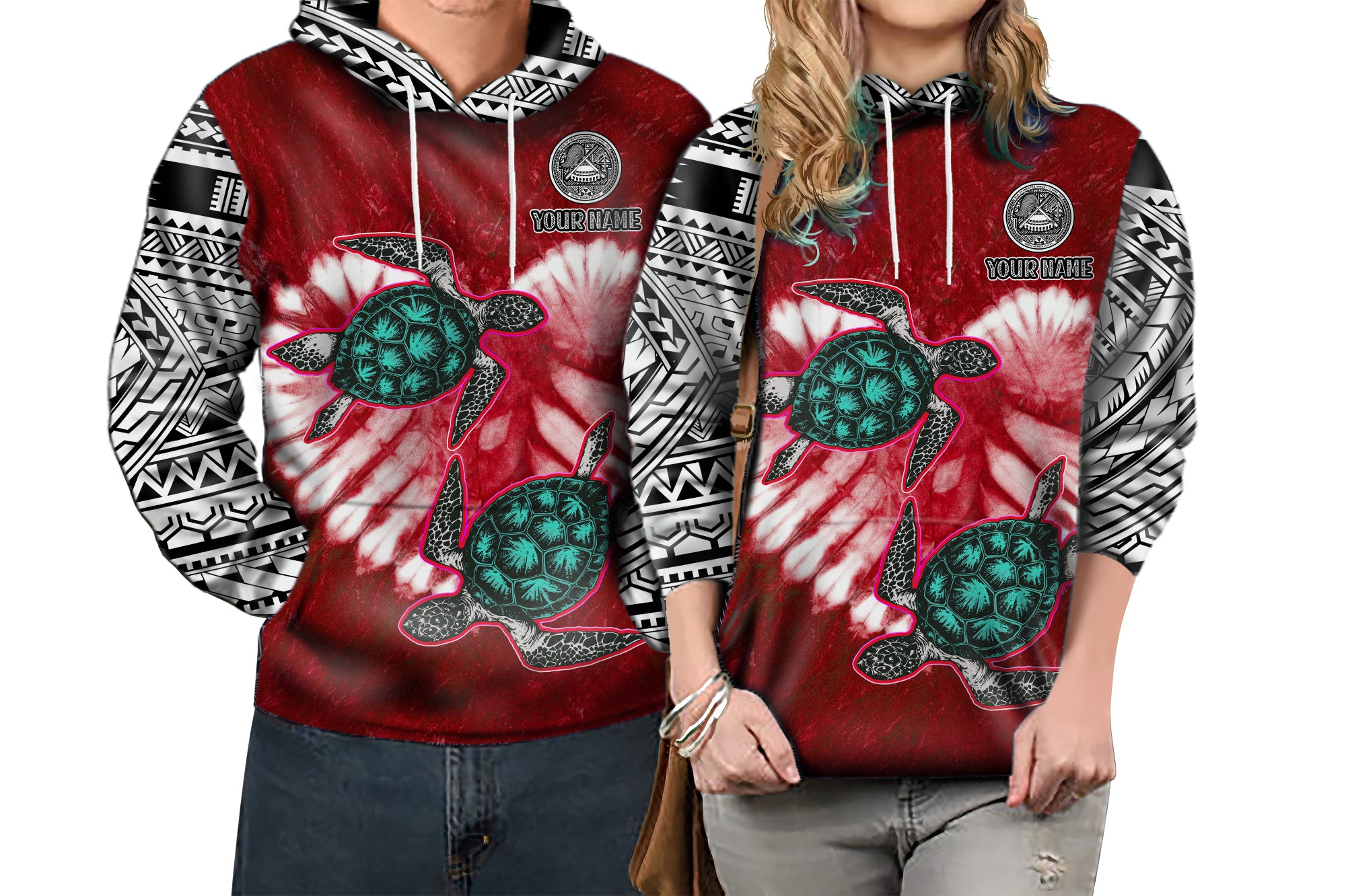 Custom American Samoa Hoodie Couple Polynesian Turtles Valentine HUSBand and WIFE Tie Dye Red LT13 - Polynesian Pride