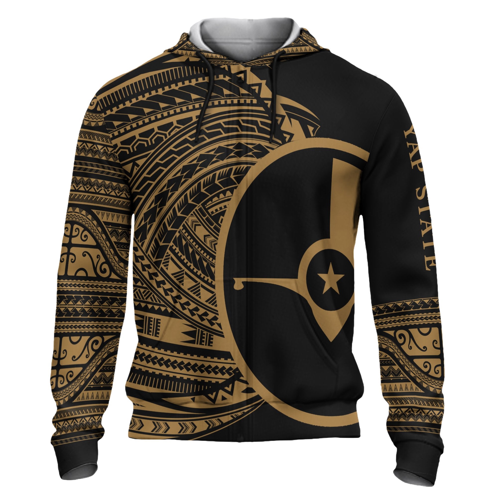 Yap Hoodie Micronesia Gold Patterns With Coat of Arms Unisex Black - Polynesian Pride